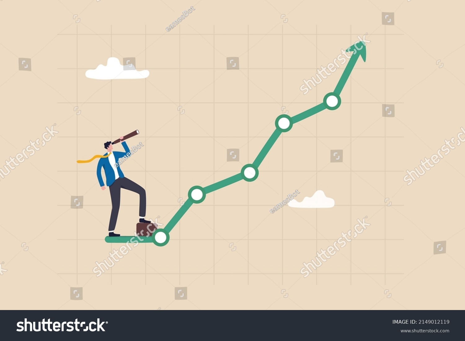 SVG of Investment upside potential, economy prediction or forecast, vision or analyze future, business growth or earning increase concept, businessman look through telescope to see investment growing graph. svg