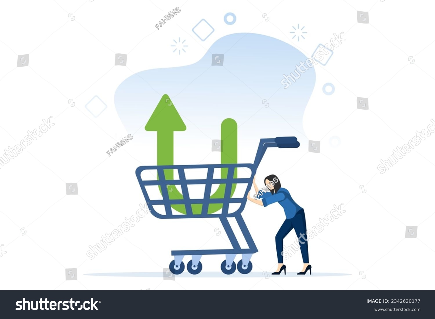 SVG of Investor buying stocks with down arrow chart in shopping cart. Buy stocks when prices fall. Profit from the market crash. trading, stock market, flat vector illustration on a white background. svg