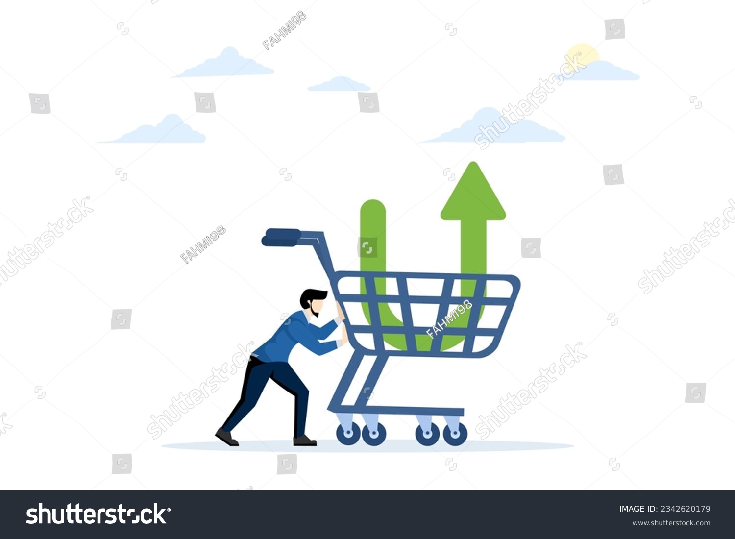 SVG of Investor buying stocks with down arrow chart in shopping cart. Buy stocks when prices fall. Profit from the market crash. trading, stock market, flat vector illustration on a white background. svg