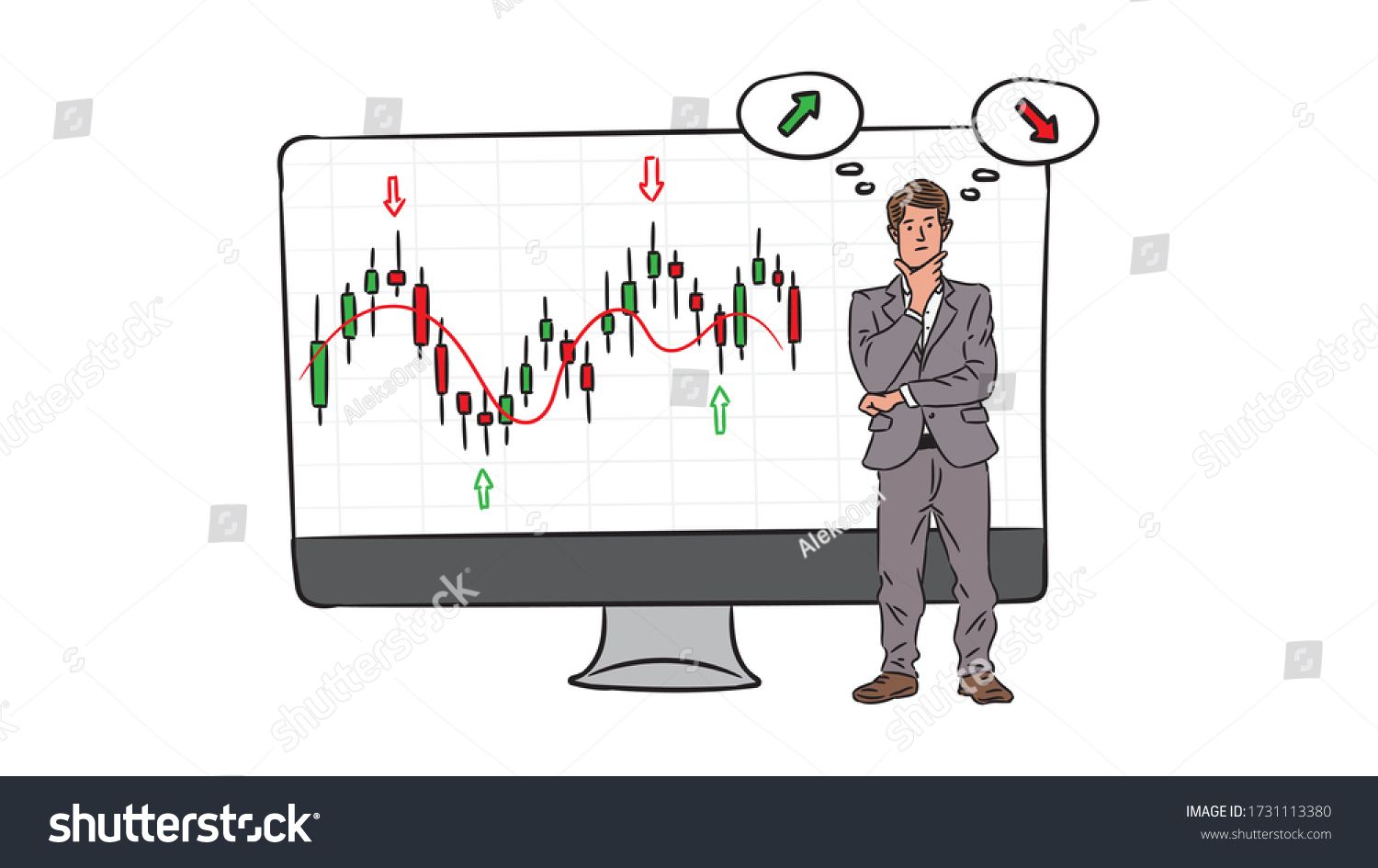 SVG of Investor thinks about stock market chart trend vector illustration. Desktop with financial market graph with and trader (investor) graphic design.
 svg