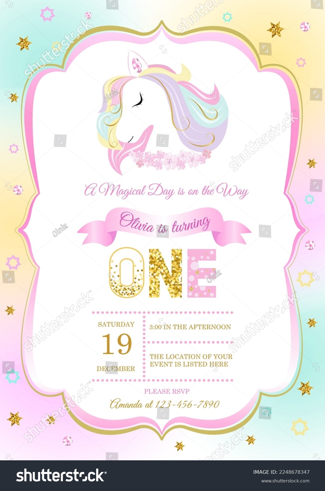 SVG of invitation card for the girl's first birthday party. Template for baby shower invitation. one year	 svg