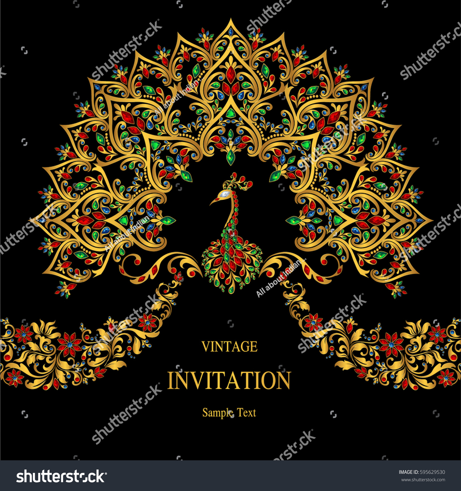 Invitation Card Templates Gold Peacock Patterned Stock Vector Royalty