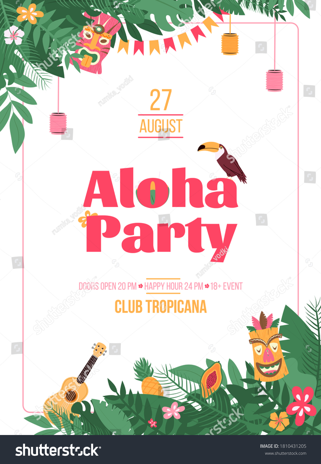 SVG of Invitation poster for Aloha Party in Hawaiian style with tropical leaves and Tiki mask, cartoon vector illustration. Summer party invitation template. svg