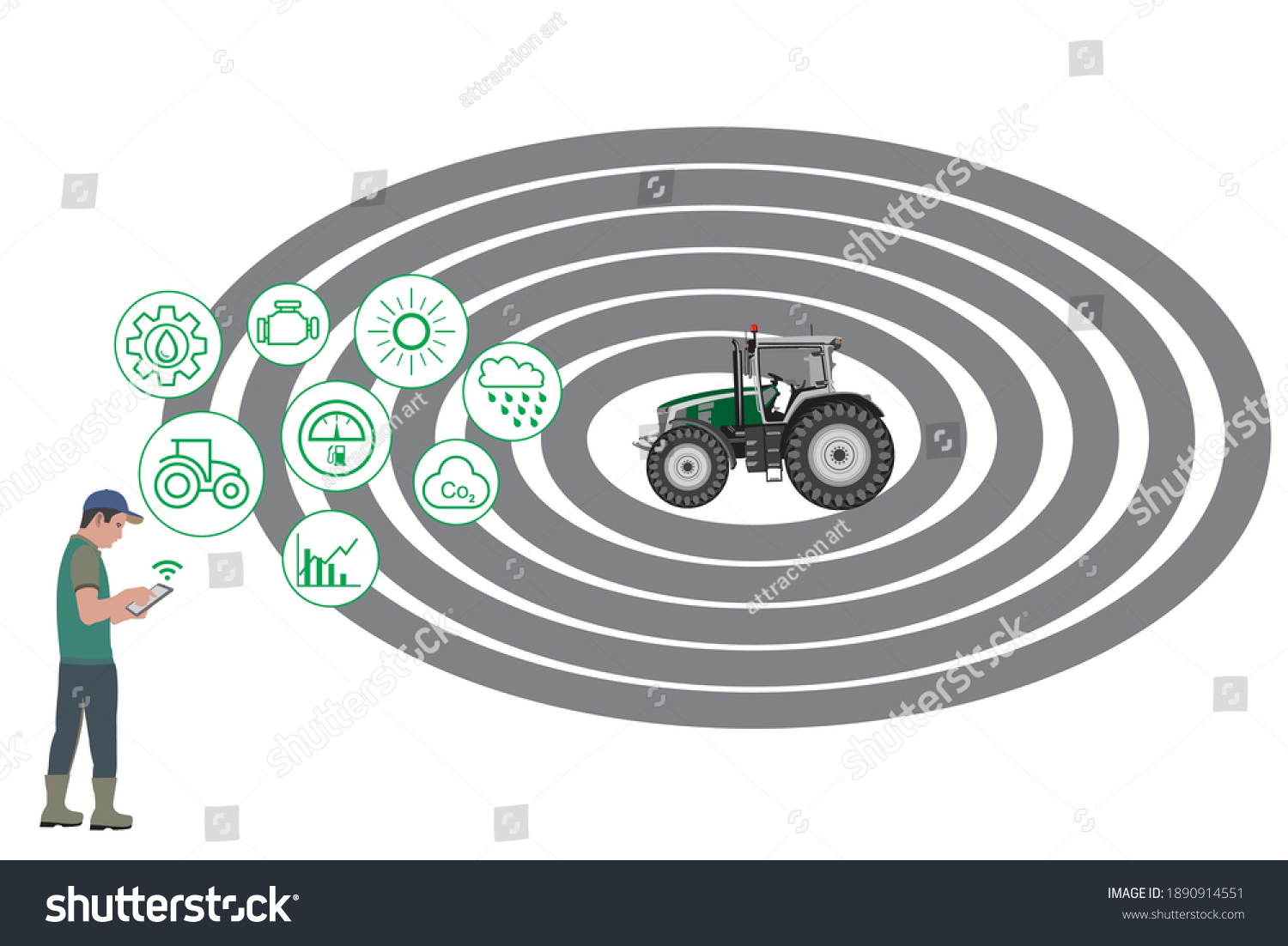 SVG of IOT smart industry robot 4.0 agriculture concept. Autonomous tractor working in IOT smart industry robot 4.0 agriculture concept. Autonomous tractor working in circle farm. Smart and digital farming svg