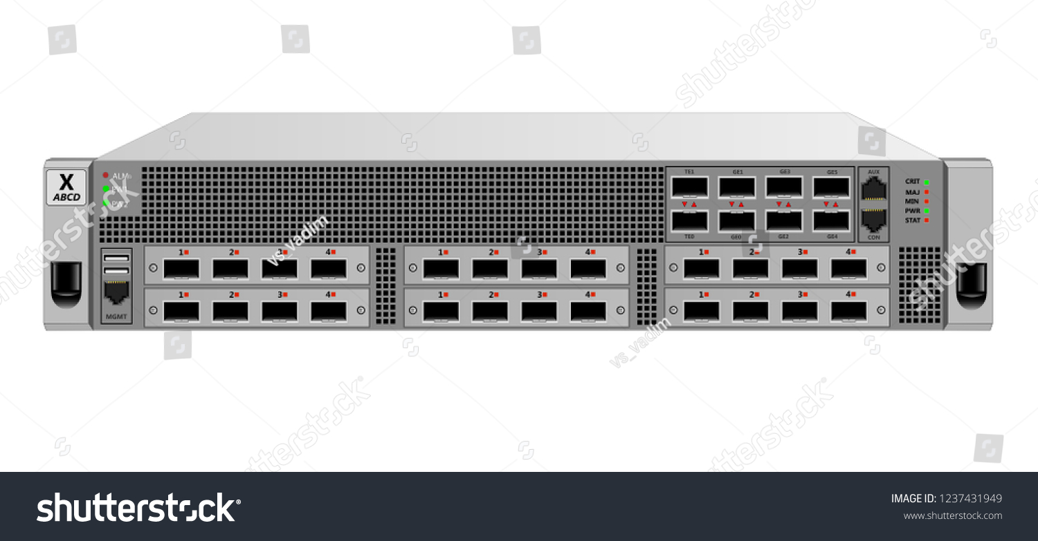 SVG of IP traffic router for installation in a 19 inch rack, 2 units. Six optional add-on modules with optical SFP modules. Designed for carrier-class networks. Vector illustration. svg