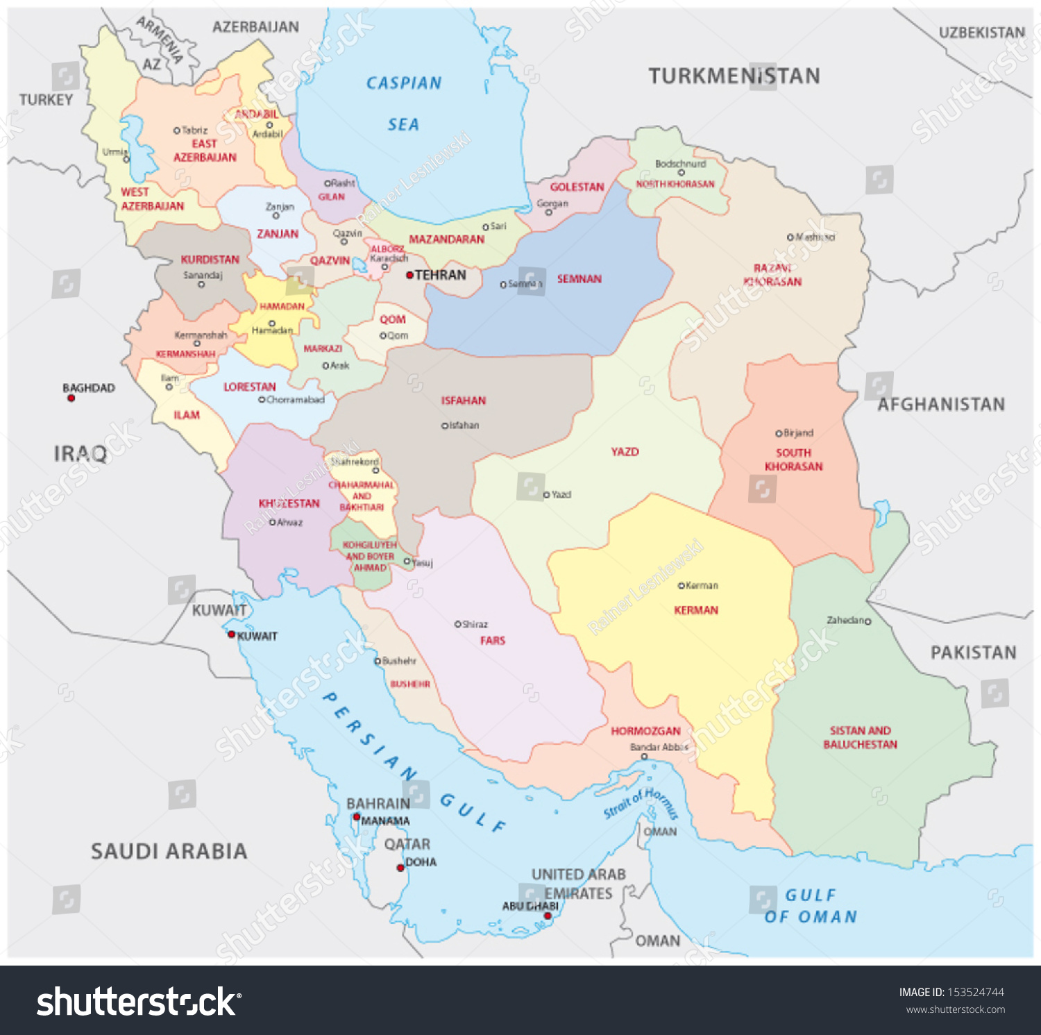 Iran Administrative Map Stock Vector Illustration 153524744 : Shutterstock