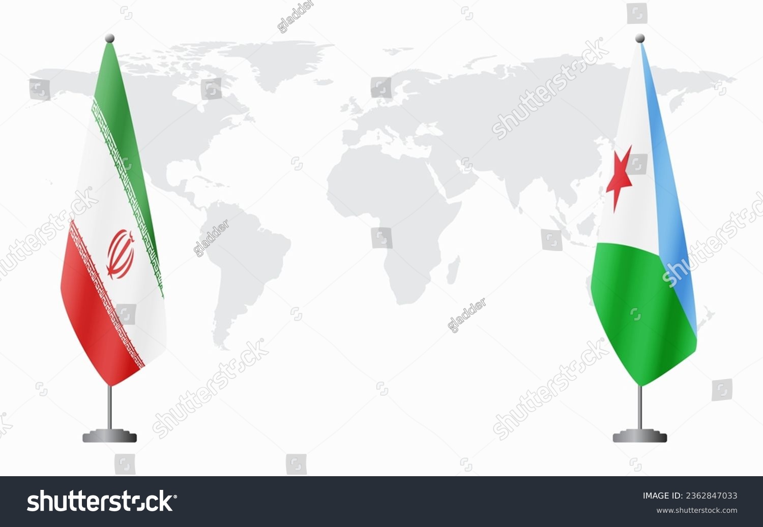 SVG of Iran and Djibouti flags for official meeting against background of world map. svg