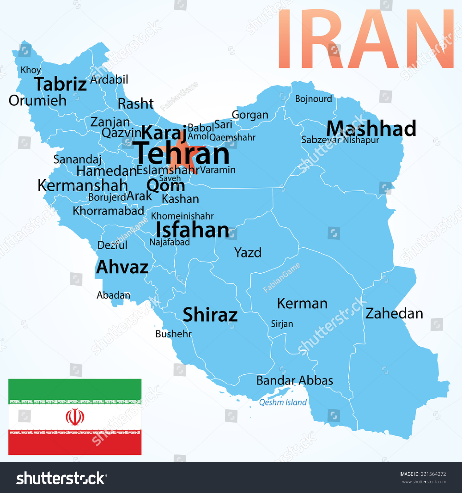 Iran Vector Map Largest Cities Carefully Stock Vector 221564272