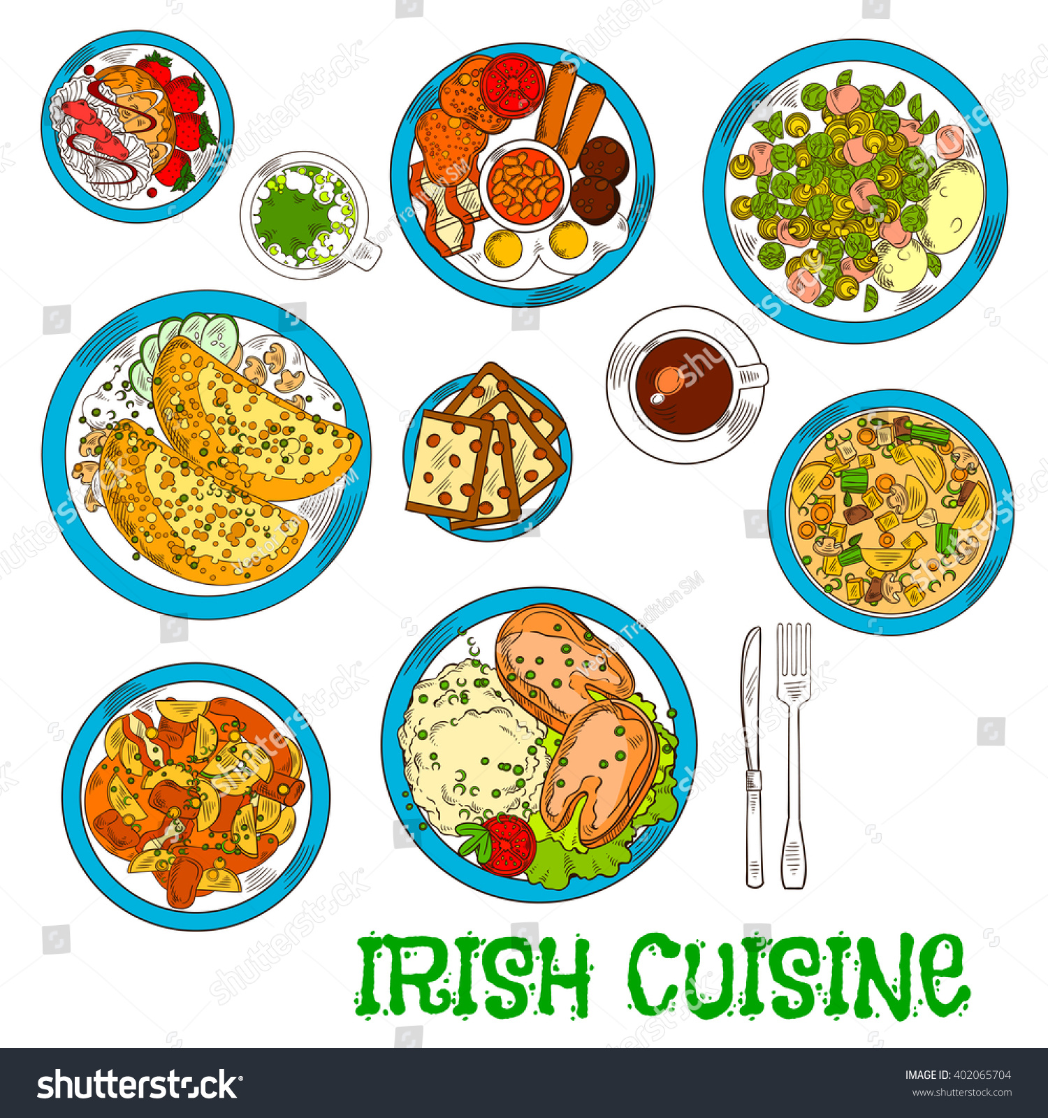 SVG of Irish cuisine dishes with vegetable lamb stew and potato pancakes boxty, potato stew coddle with sausages, mashed potato with fish, bread, meringue dessert with strawberries, green beer and coffee cup svg