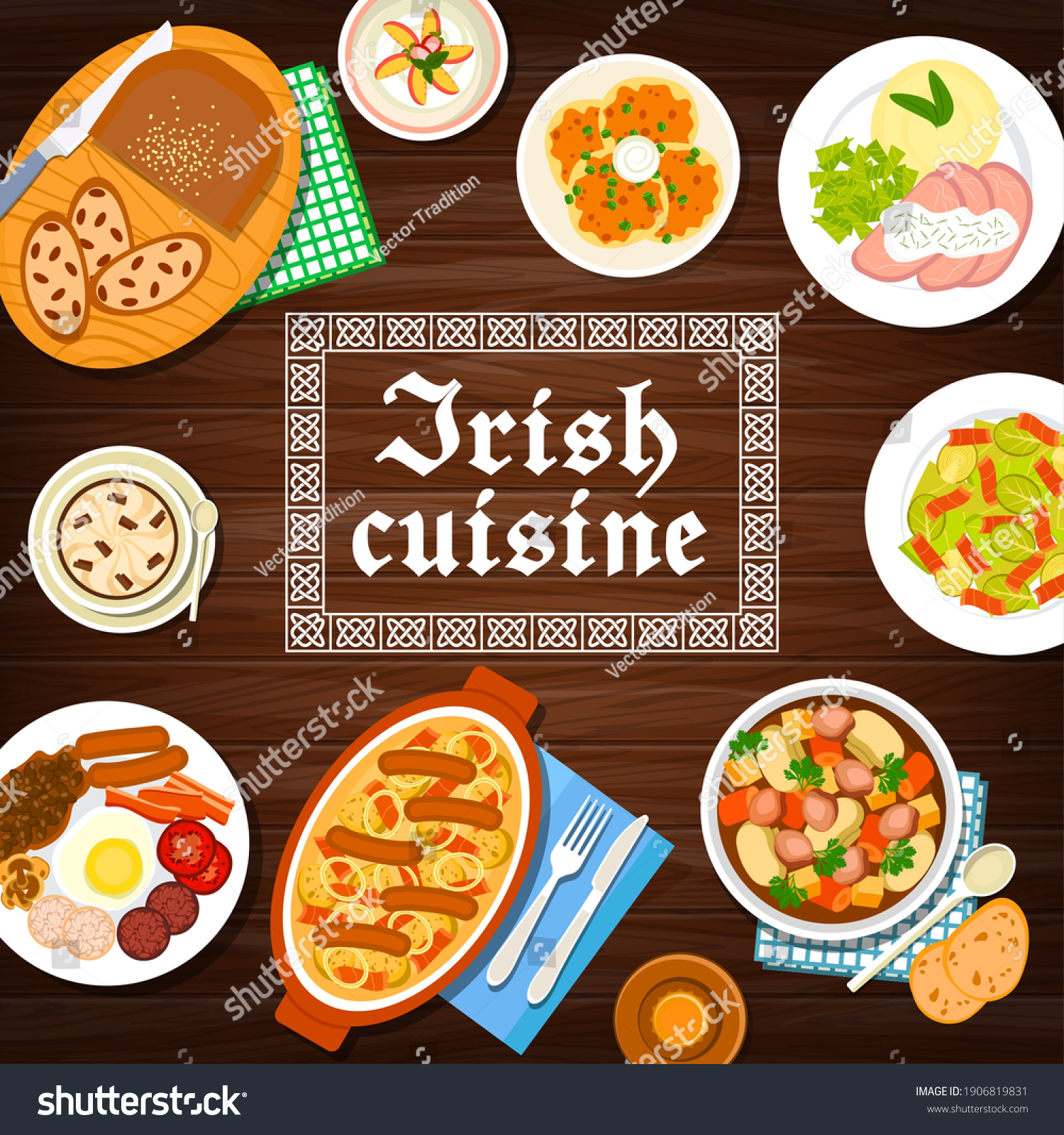 SVG of Irish cuisine food menu, breakfast dishes, meals of Ireland, vector stew, pudding and bread with raisins. Irish restaurant traditional cuisine food lamb and beef meat, Irish coffee and Dublin coddle svg