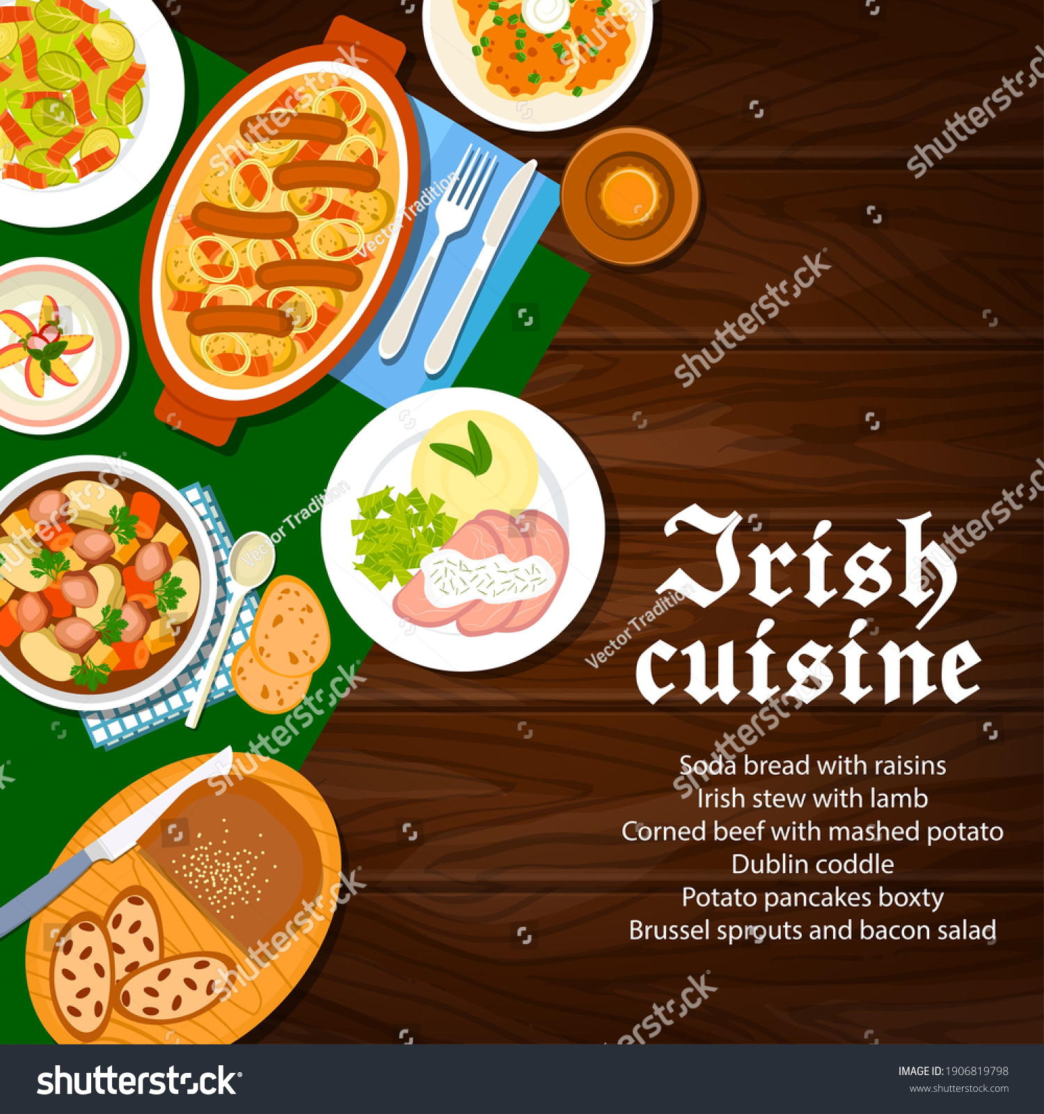 SVG of Irish cuisine food menu dishes, Ireland breakfast meals, vector breakfast bread with raisins, pudding and stew. Irish cuisine and restaurant menu food corned beef with mashed potato and Irish coffee svg