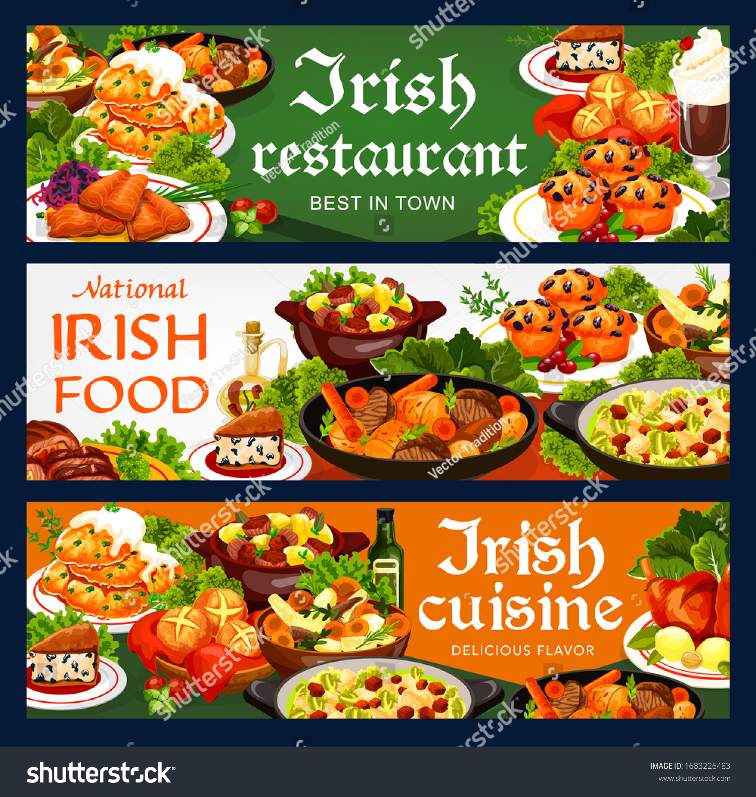 SVG of Irish cuisine food vector banners with vegetable and meat stews, fish and bread. Potato pancakes and colcannon, beef, lamb and rabbit, cabbage salad with salmon, soda bread and lingonberry cupcakes svg