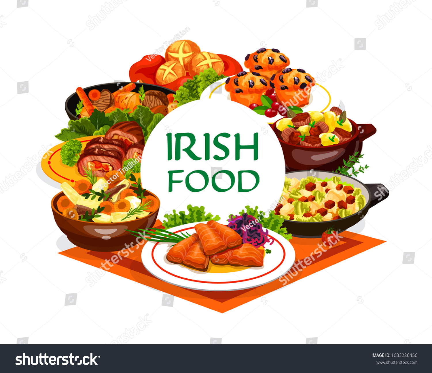 SVG of Irish cuisine food vector design of vegetable meal with meat stews and fish dishes. Mashed potato colcannon, red cabbage salad, grilled salmon, beef and lamb, soda bread and lingonberry cupcakes svg