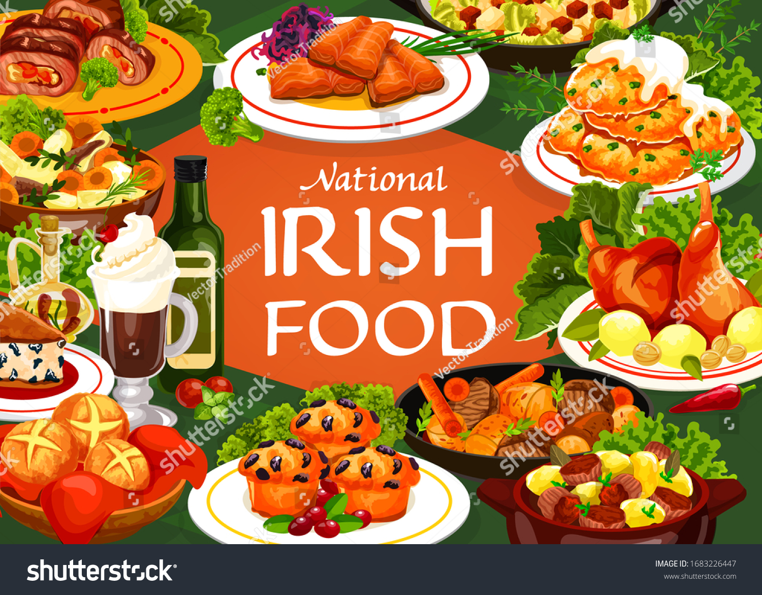 SVG of Irish cuisine food vector meal of meat, vegetable and fish with bread. Potato pancakes, irish stews with beef, lamb and rabbit, soda bread and berry cupcake, salmon with cabbage salad and colcannon svg