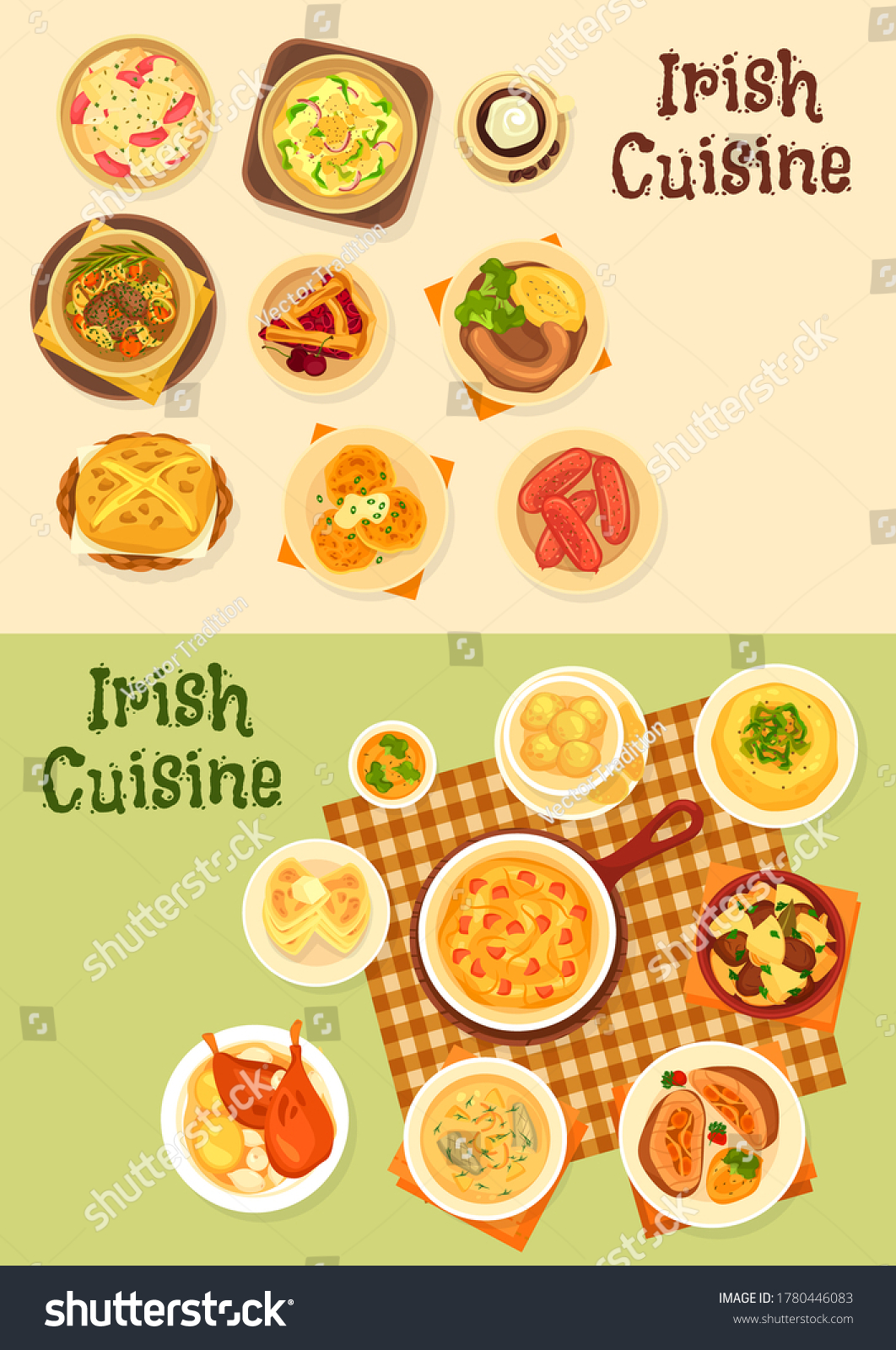 SVG of Irish cuisine food vector set of meat, vegetable and fish dishes. Potato salad, boxty and farl pancakes, beef beer stew, pork sausages and salmon soup, cabbage ham casserole, cherry pie and cookies svg