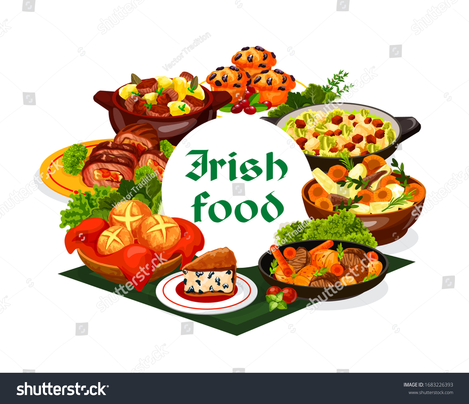 SVG of Irish cuisine food with vegetable meat stews and bread vector design. Mashed potato and cabbage colcannon, soda and raisins bread, baked beef rolls, lamb stew and lingonberry cupcakes, Ireland meal svg