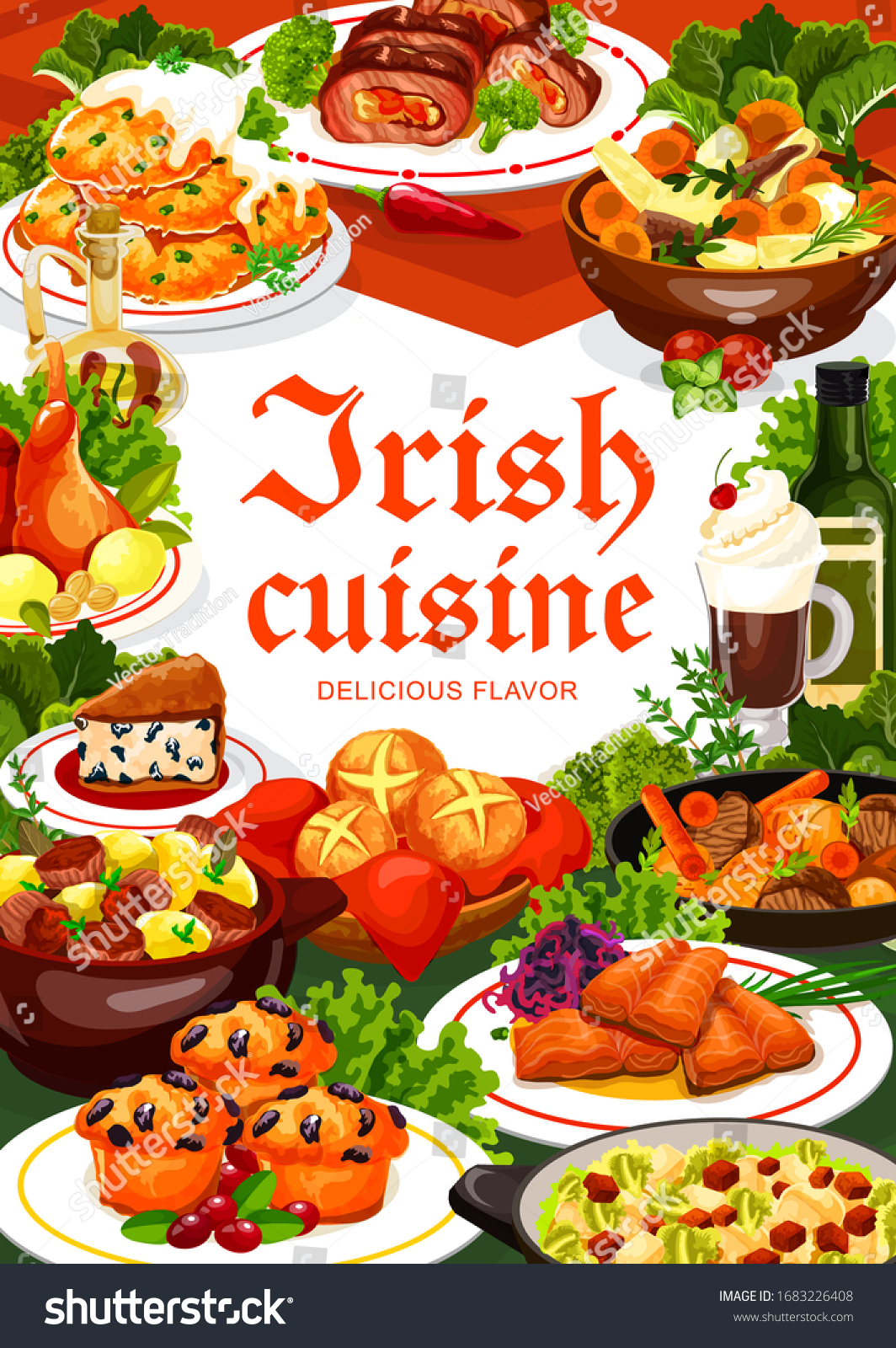 SVG of Irish cuisine meal of vegetable, meat and fish, vector food. Potato pancakes, beef and rabbit stews, grilled salmon with cabbage salad, colcannon, soda bread and lingonberry cupcakes with Irish coffee svg