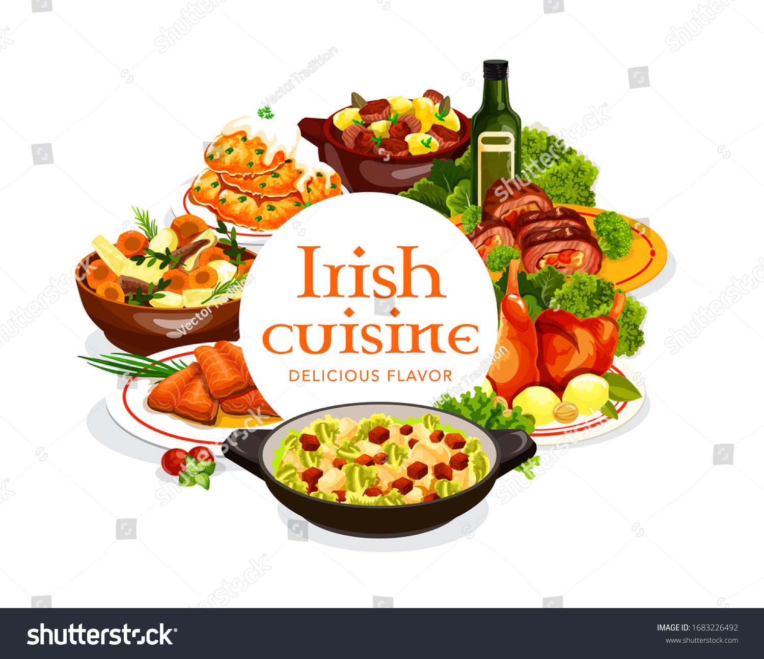 SVG of Irish cuisine meat and fish dishes with vegetables, vector food. Irish stew, baked beef rolls and rabbit, potato pancakes and red cabbage salad with grilled salmon and colcannon with spices and herbs svg