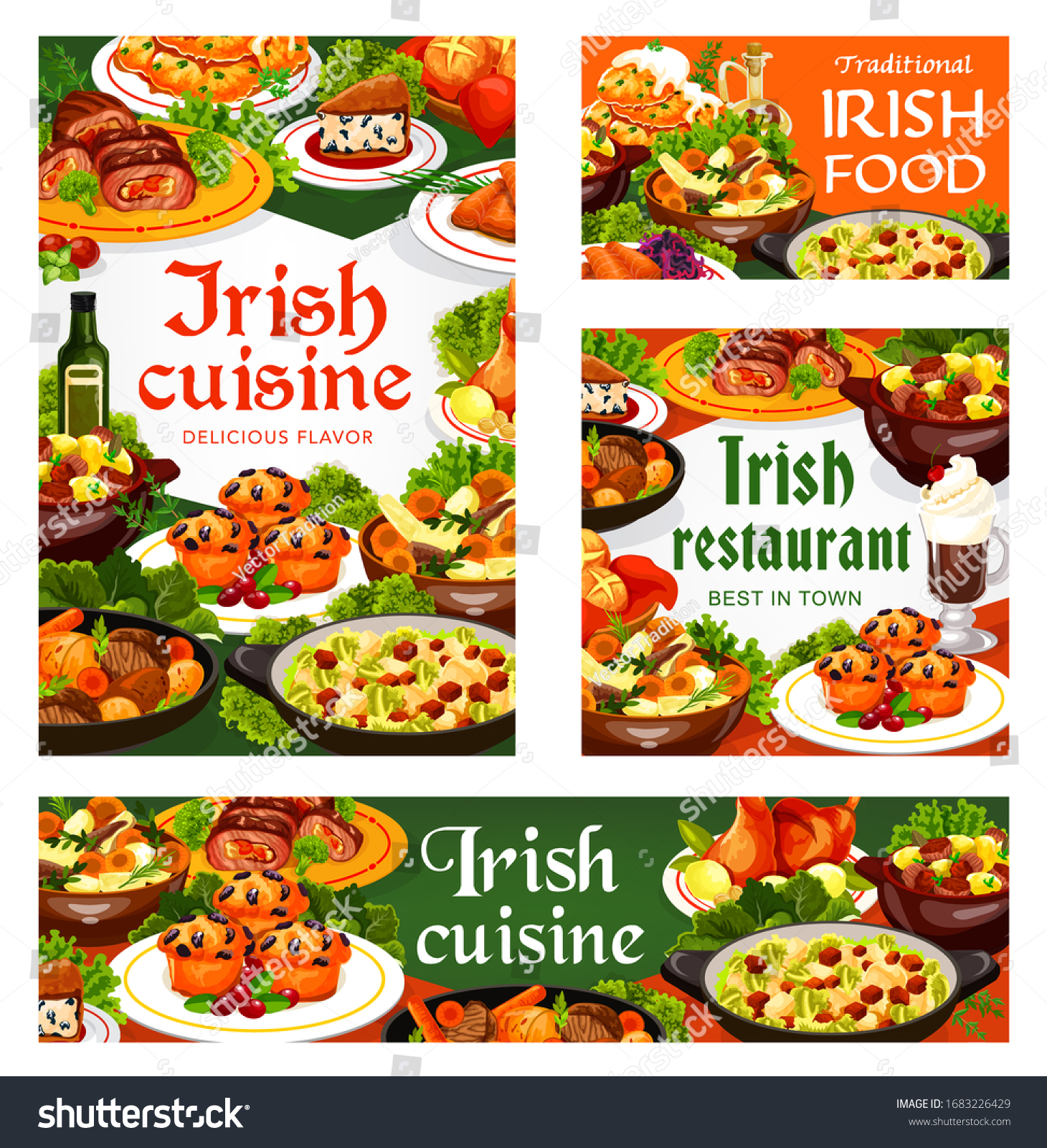 SVG of Irish cuisine meat, vegetable and fish meal with desserts, vector food. Beef, lamb and rabbit stews, potato pancakes, cabbage salad and grilled salmon, soda bread, lingonberry cupcakes and colcannon svg