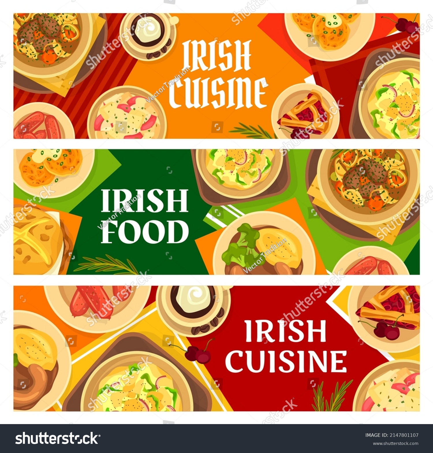 SVG of Irish cuisine restaurant dishes, meals banners. Boxty potato pancake, potato salad and beef Irish stew, homemade pork sausages and cherry pie, soda bread, meat and beer stew vector. Irish food meals svg