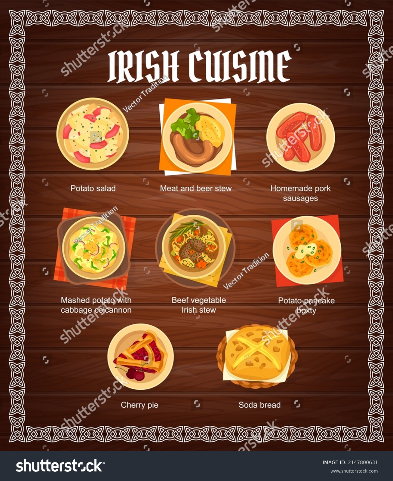 SVG of Irish cuisine restaurant dishes menu. Soda bread, beef vegetable Irish stew and cherry pie, potato salad, homemade pork sausages, and Boxty pancake, meat and beer stew vector. Irish food meals banner svg