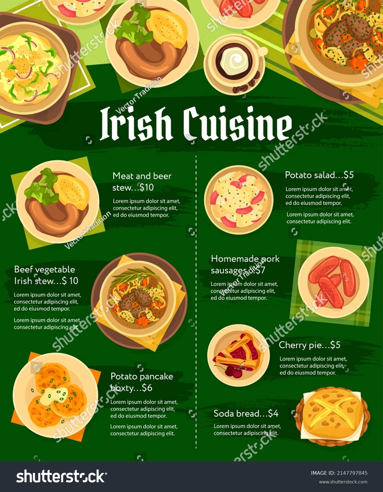 SVG of Irish cuisine restaurant meals and dishes menu template. Meat and beer stew, beef vegetable Irish stew and potato pancake boxty and salad, homemade pork sausages and cherry pie, soda bread vector svg