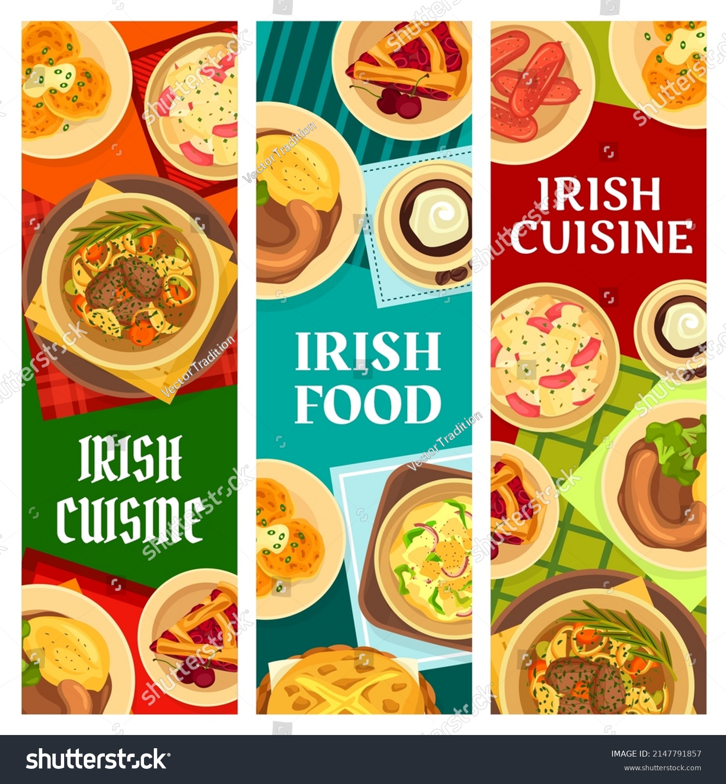 SVG of Irish cuisine restaurant meals banners. Beef vegetable Irish stew, soda bread and cherry pie, meat and beer stew, Boxty pancake, potato salad and homemade sausages vector. Irish food dishes posters svg