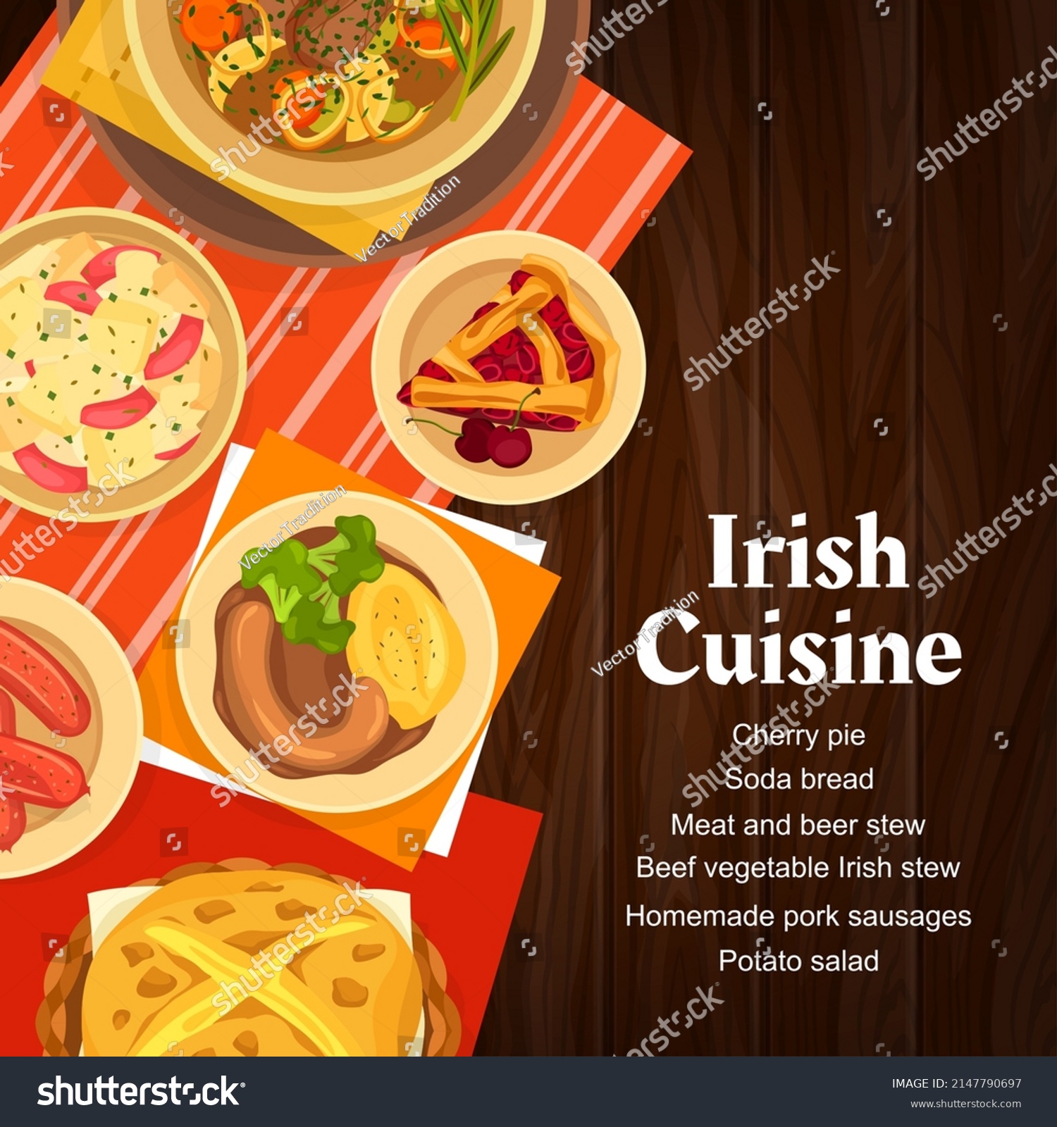 SVG of Irish cuisine restaurant meat, dessert meals menu cover. Potato salad, homemade pork sausages and cherry pie, beef vegetable Irish stew, Boxty pancake and soda bread vector. Irish food dishes banner svg