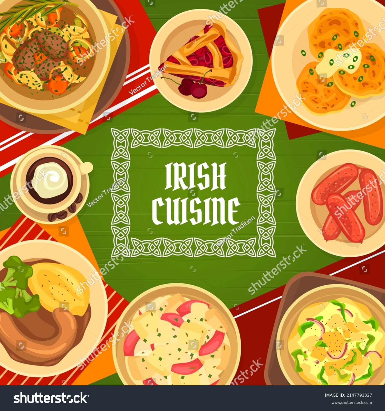 SVG of Irish cuisine restaurant meat, vegetables meals menu cover. Homemade pork sausages, beef vegetable Irish stew and cherry pie, potato salad, meat and beer stew, Boxty potato pancake, soda bread vector svg