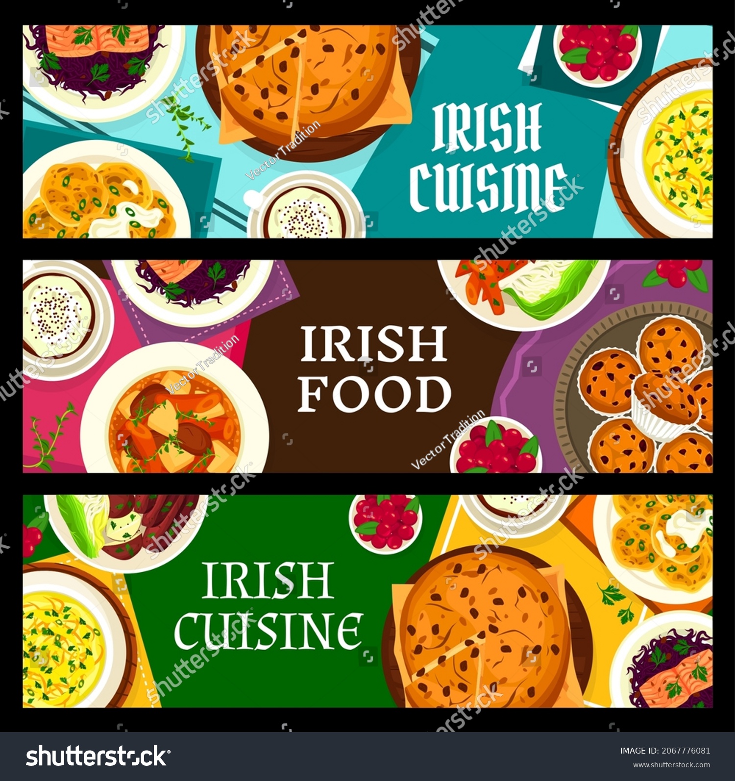 SVG of Irish cuisine vector banners cowberry cupcakes, potato pancake boxty, fish soup and soda bread with raisins. Vegetable lamb stew, black pudding and red cabbage salad with salmon meals of Ireland svg