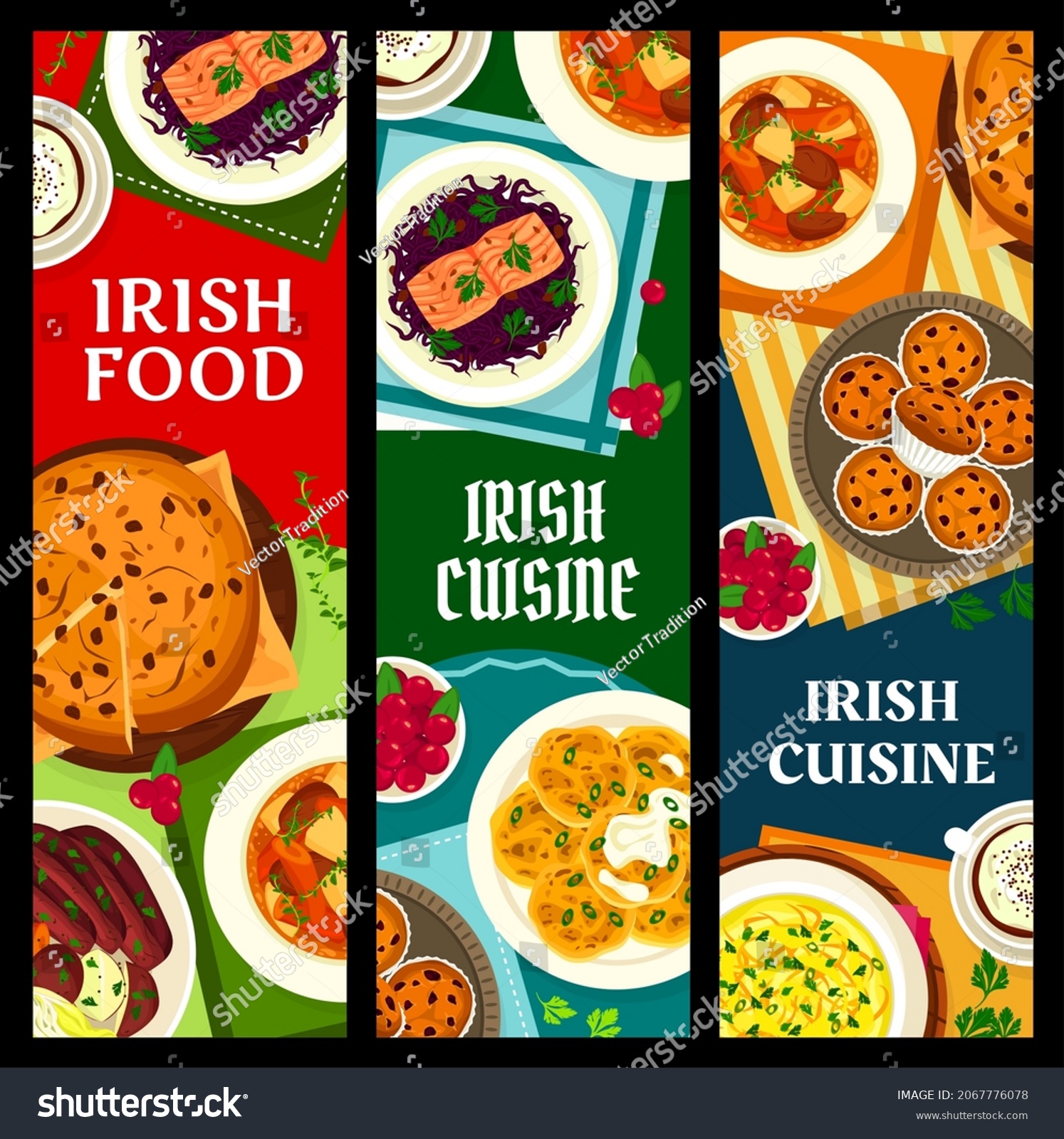 SVG of Irish cuisine vector banners. Red cabbage salad with salmon, potato pancake boxty, fish soup and soda bread with raisins. Coffee, cowberry cupcakes, lamb stew or black pudding with vegetables meals svg