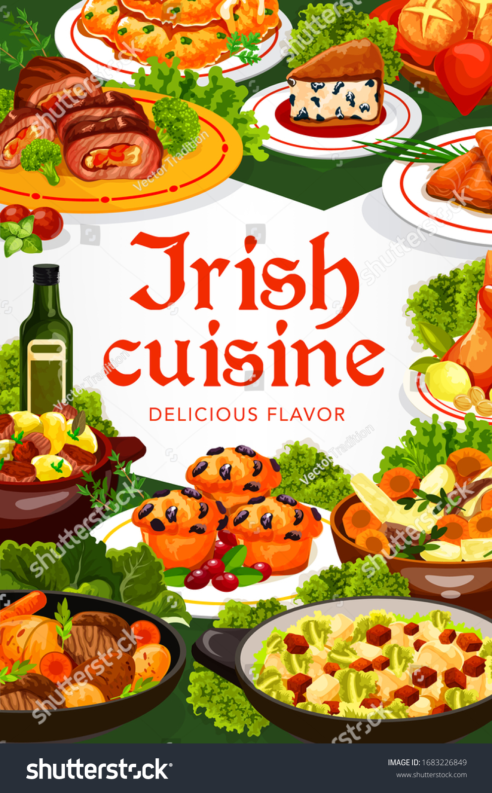 SVG of Irish cuisine vector dishes of meat, fish and vegetable food. Irish stews with beef, lamb and rabbit, potato pancakes and mashed colcannon, raisins bread, cabbage salad and cupcakes frame border svg