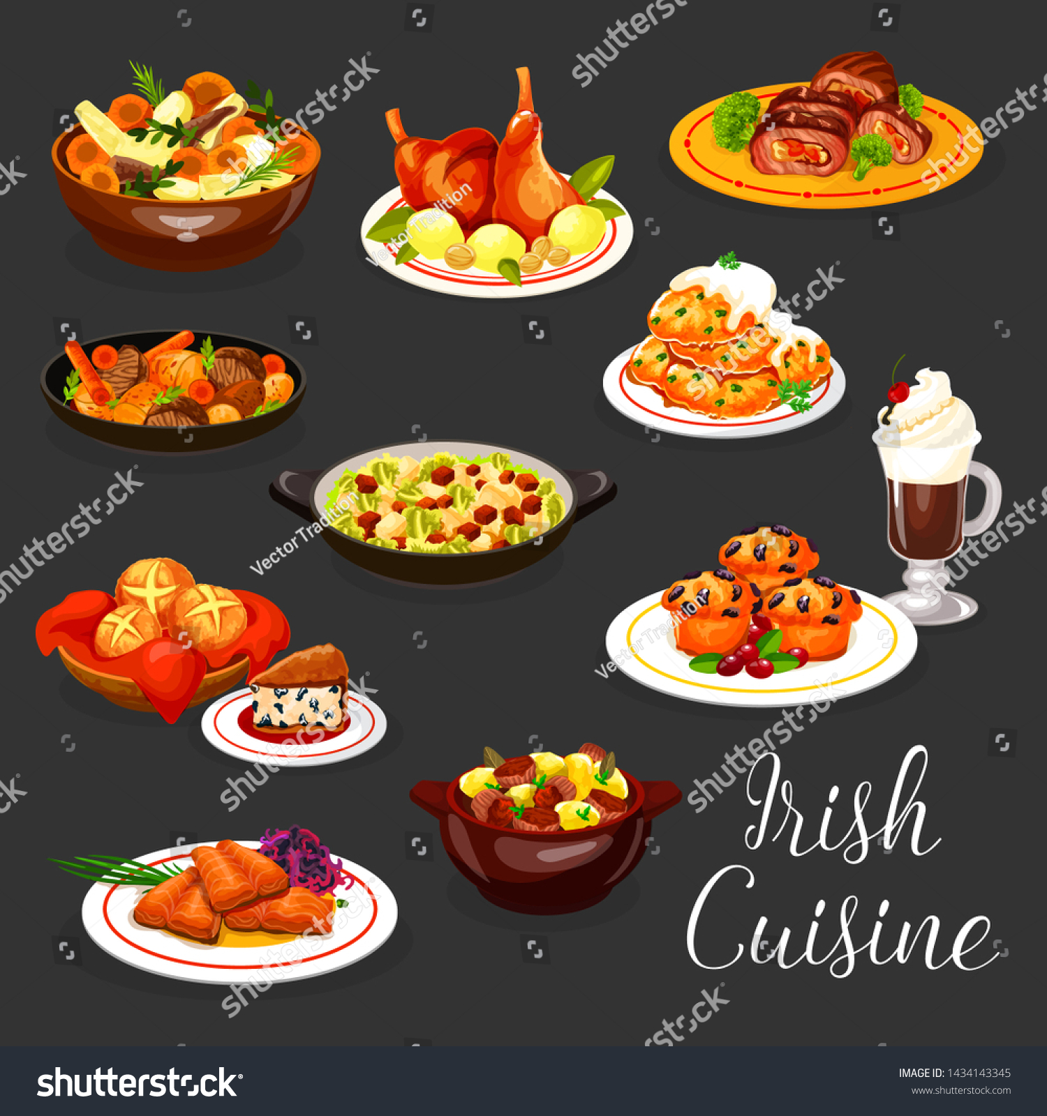 SVG of Irish cuisine vector fish and meat with coffee and dessert. Salmon with red cabbage salad, potato pancake, lamb and rabbit vegetable stews, stuffed beef, veggie casserole, berry cupcake and soda bread svg