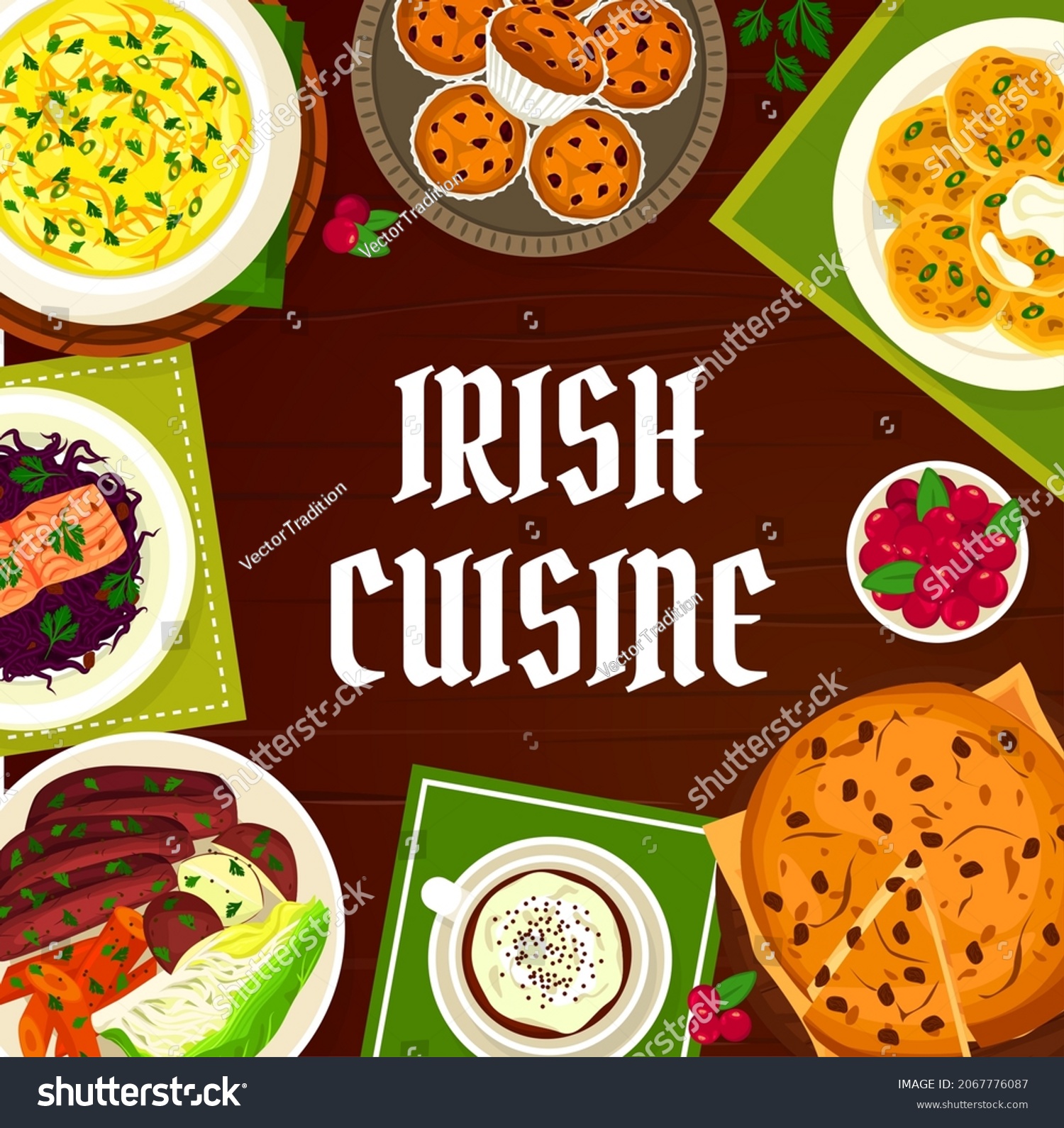 SVG of Irish cuisine vector menu cover with meals potato pancake boxty, fish soup and soda bread with raisins. Cowberry cupcakes, black pudding with vegetables and red cabbage salad with salmon Ireland meals svg