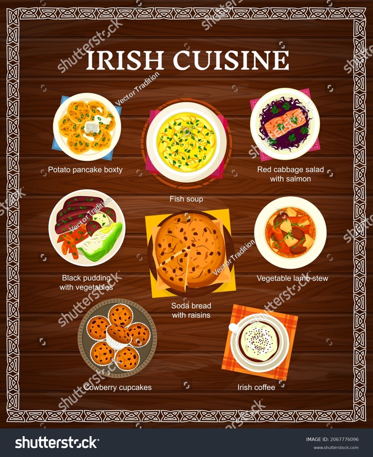 SVG of Irish cuisine vector menu potato pancake boxty, fish soup and soda bread with raisins. Cowberry cupcakes, lamb stew and black pudding with vegetables. Red cabbage salad with salmon and coffee meals svg