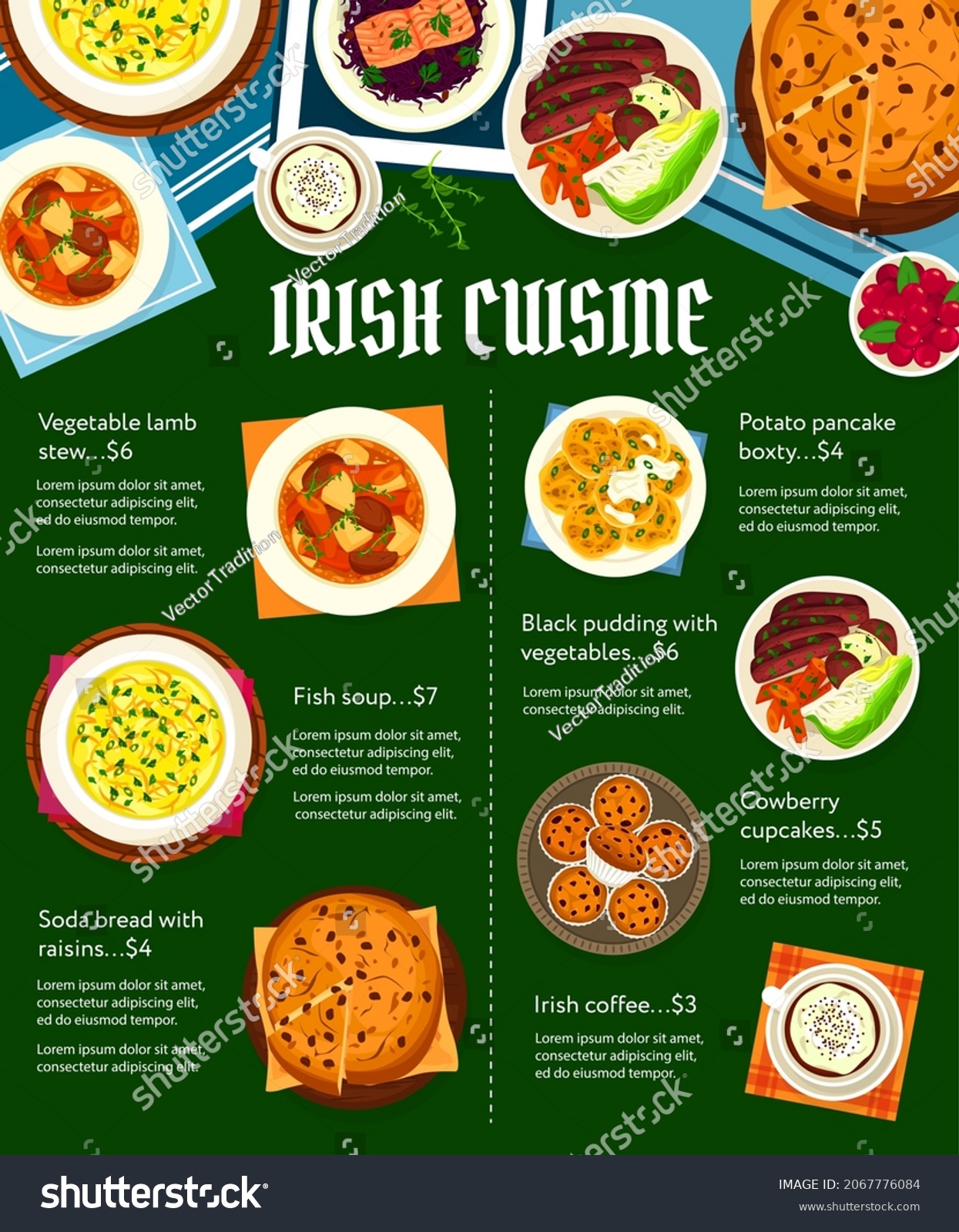 SVG of Irish cuisine vector menu potato pancake boxty, fish soup and soda bread with raisins. Irish coffee, cowberry cupcakes, vegetable lamb stew and black pudding with vegetables Ireland food meals svg