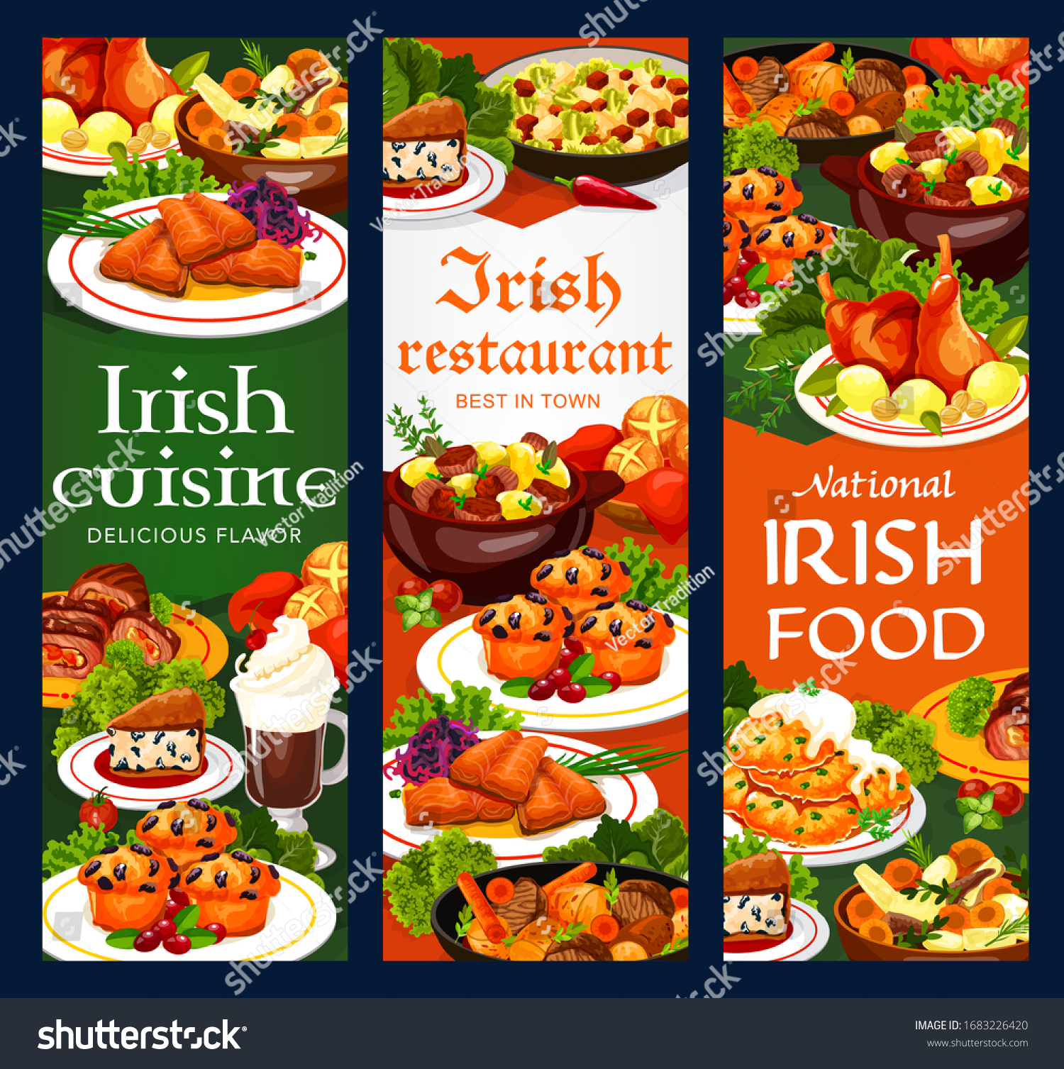 SVG of Irish cuisine vegetable meat stew, fish and soda bread, food vector banners. Potato pancakes, cabbage salad and grilled salmon, lamb, beef and rabbit stews, lingonberry cupcakes and colcannon svg