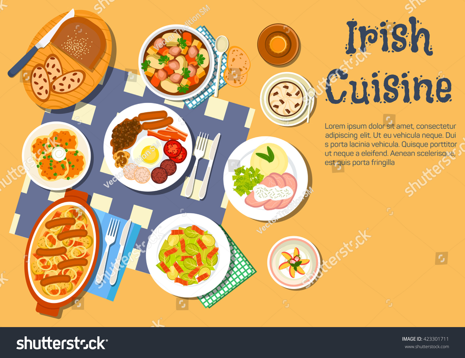 SVG of Irish cuisine with potato pancakes boxty and stew coddle, breakfast with beer, brussels sprouts bacon salad and beef with mashed potato, lamb stew and coffee with raisin bread and strawberry dessert svg