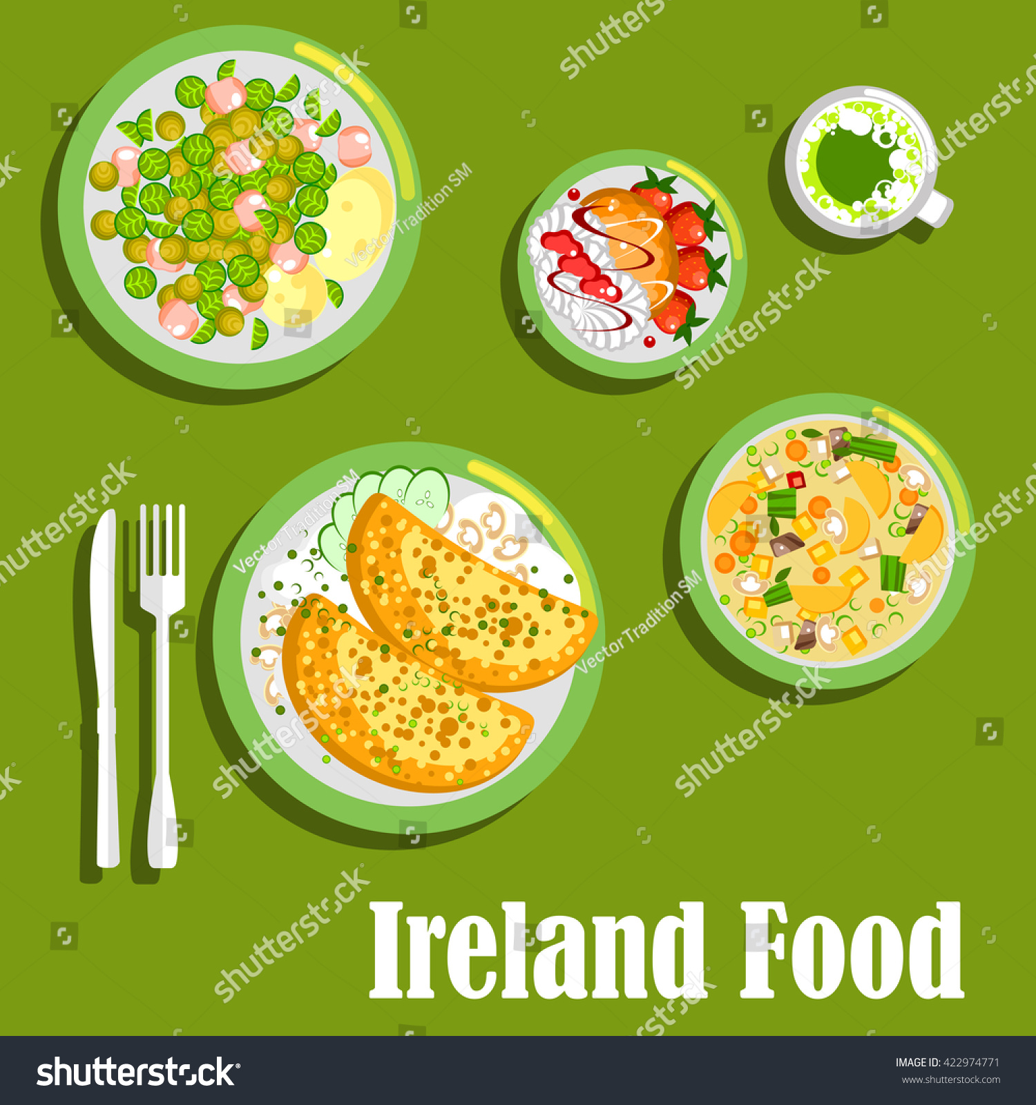SVG of Irish cuisine with potato pancakes boxty with cheesy mushroom sauce and brussels sprouts warm salad with beef, dublin stew coddle, green beer and merengue with fresh strawberries and hazelnut biscuits svg