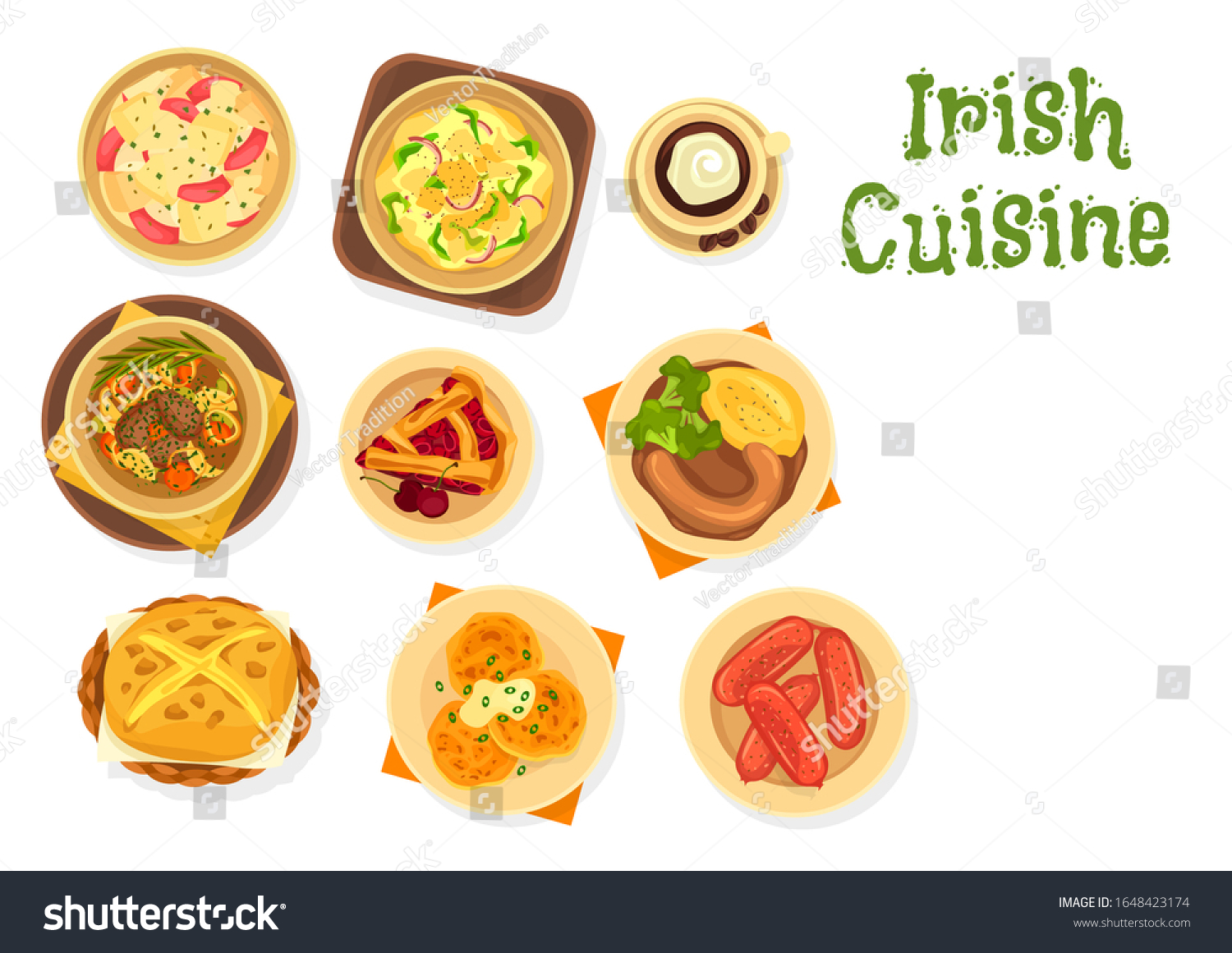 SVG of Irish dishes of meat and vegetable stew with soda bread, cream coffee and fruit dessert. Vector potato salad and pancake boxty, pork sausages, beef stewed in beer and cherry pie, food of Ireland svg