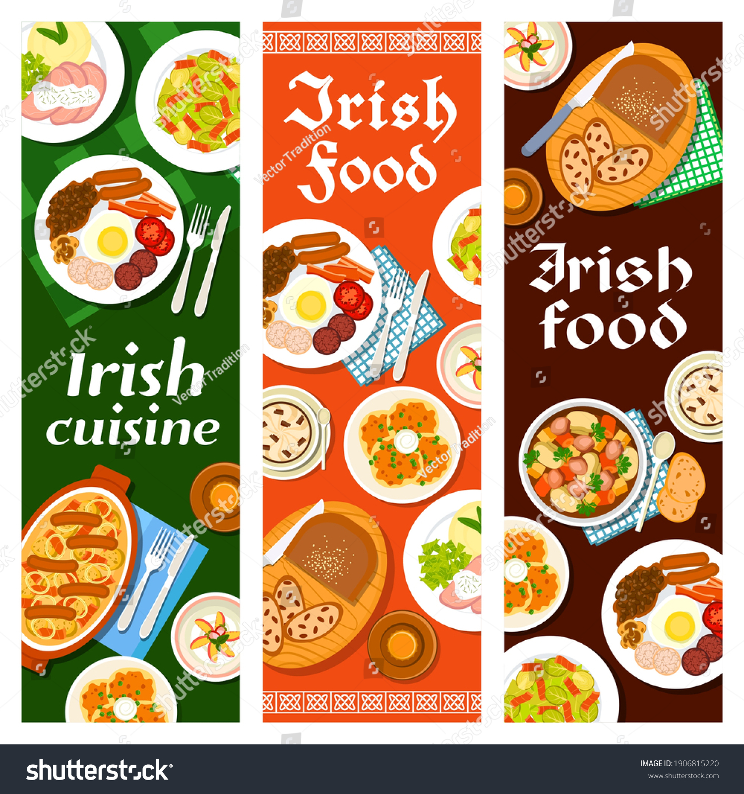 SVG of Irish food cuisine, breakfast menu and Ireland dishes, vector banners with bread raisin, pudding and beef stew. Irish cuisine restaurant menu food lunch Dublin coddle, Brussels sprouts and bacon salad svg