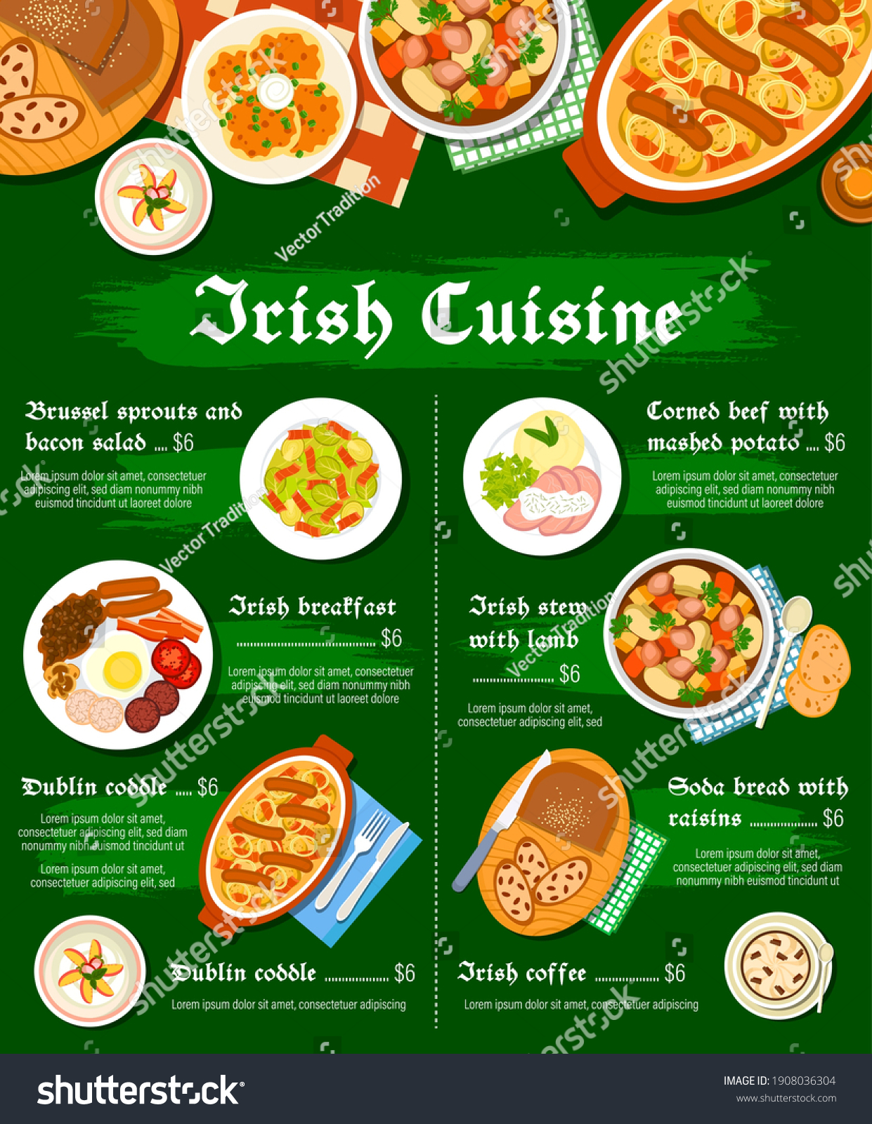 SVG of Irish food cuisine menu, breakfast dishes meals, Ireland restaurant vector traditional lunch. Irish cuisine food menu peach pudding dessert, lamb stew and potato pancakes borty with soda bread svg