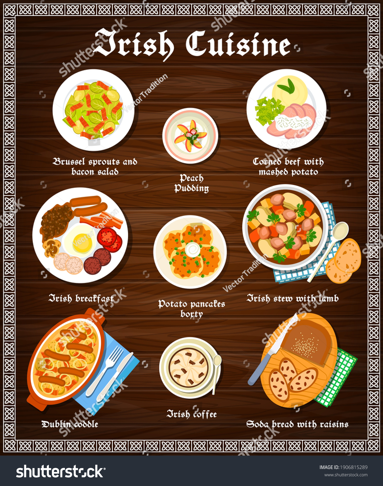 SVG of Irish food cuisine menu dishes and Ireland meals, vector restaurant lunch and dinner. Irish traditional food menu breakfast peach pudding, Brussels sprouts, potato pancakes boxty and coffee svg