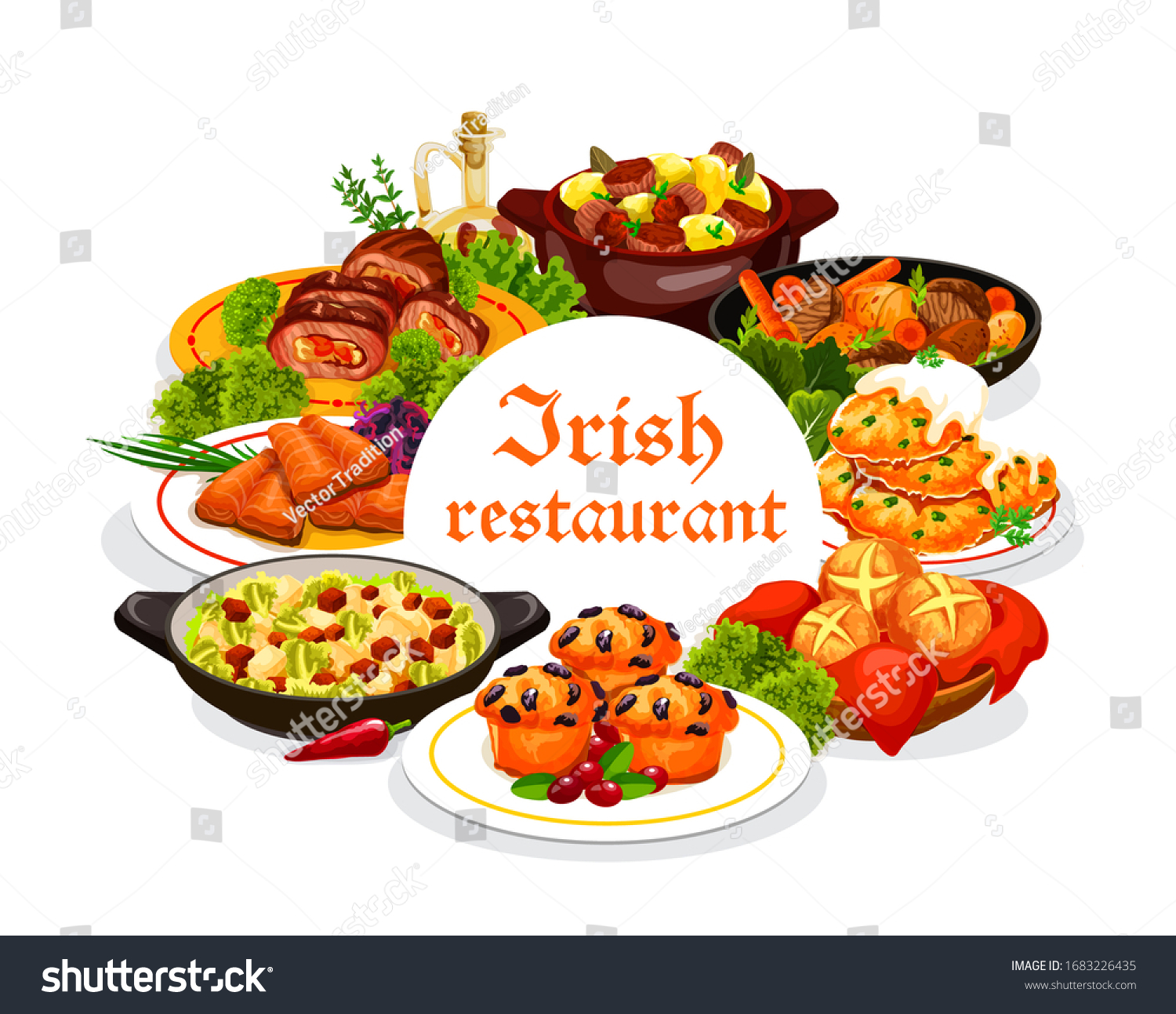 SVG of Irish restaurant food with vector dishes of vegetable, meat and fish with dessert. Irish stews with beef, rabbit and lamb, potato pancakes and colcannon, salmon, cabbage salad, soda bread and cupcakes svg