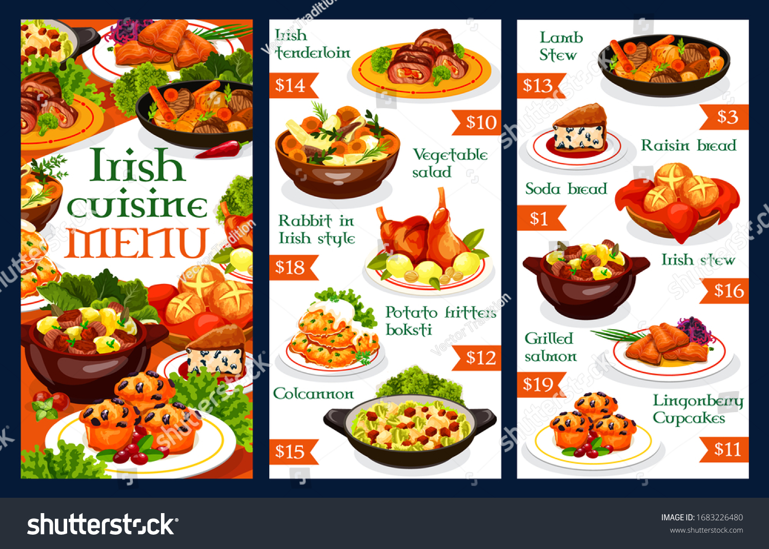 SVG of Irish restaurant menu template. Vector dishes of vegetable meat stews, potato pancakes, grilled salmon fish and cabbage salad, soda bread, beef, rabbit and lamb, lingonberry cupcakes and colcannon svg