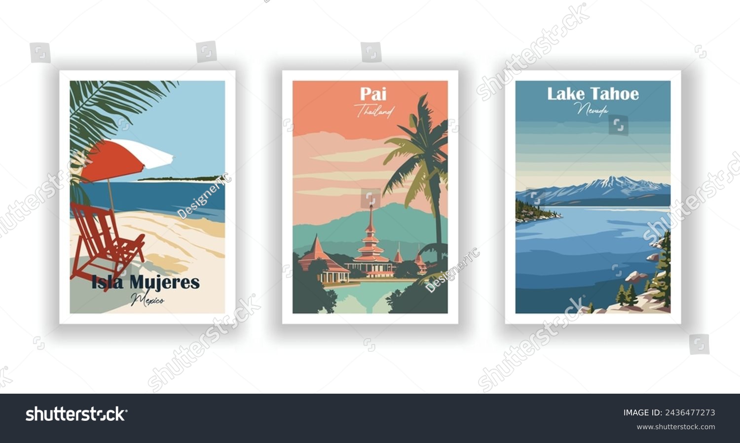 SVG of Isla Mujeres, Mexico. Lake Tahoe, Nevada. Pai, Thailand - Set Vintage Travel Poster. Vector illustration. High quality prints svg
