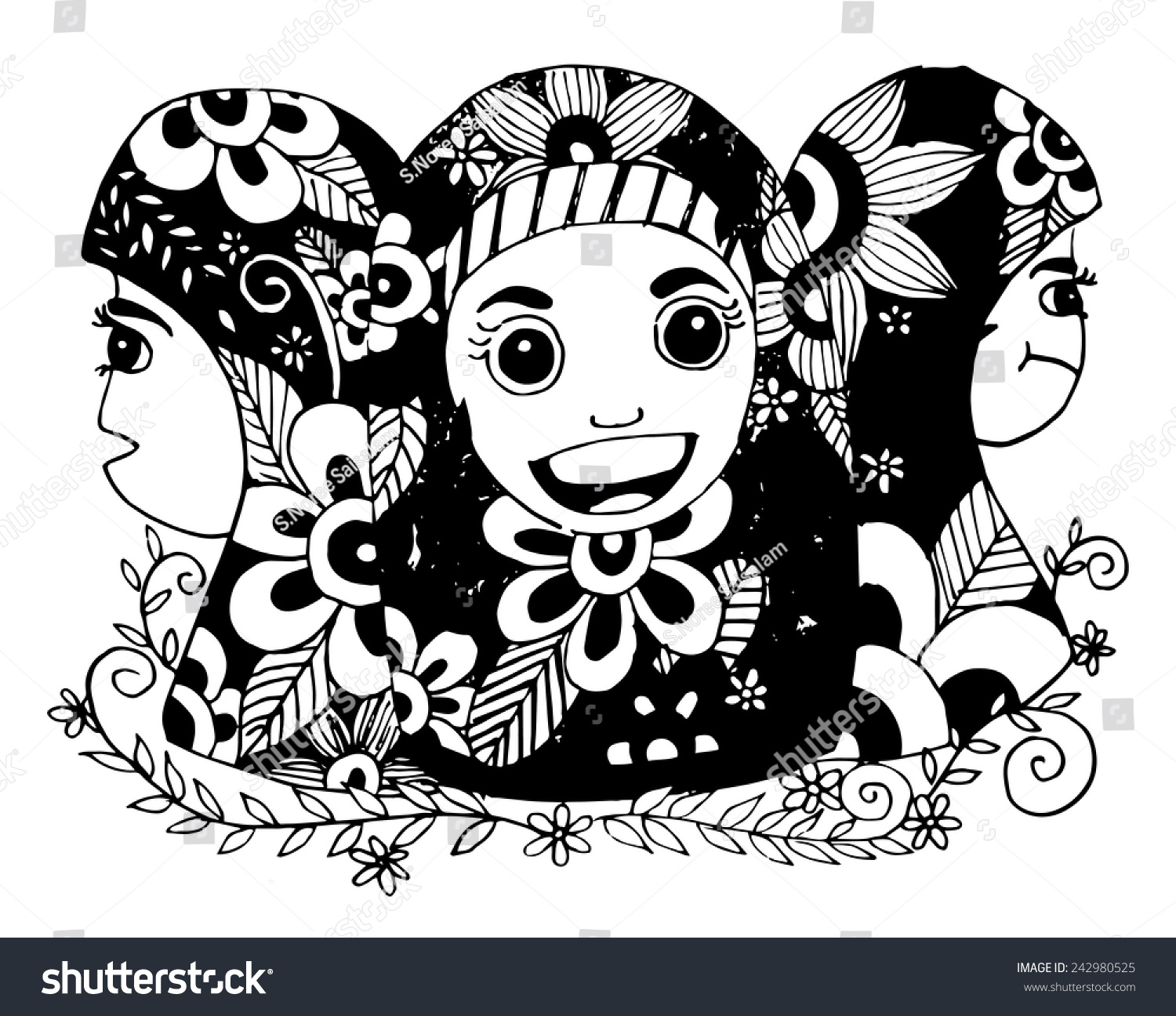 Islam Girls Flower Doodle Vector Stock 242980525 Shutterstock Gambar