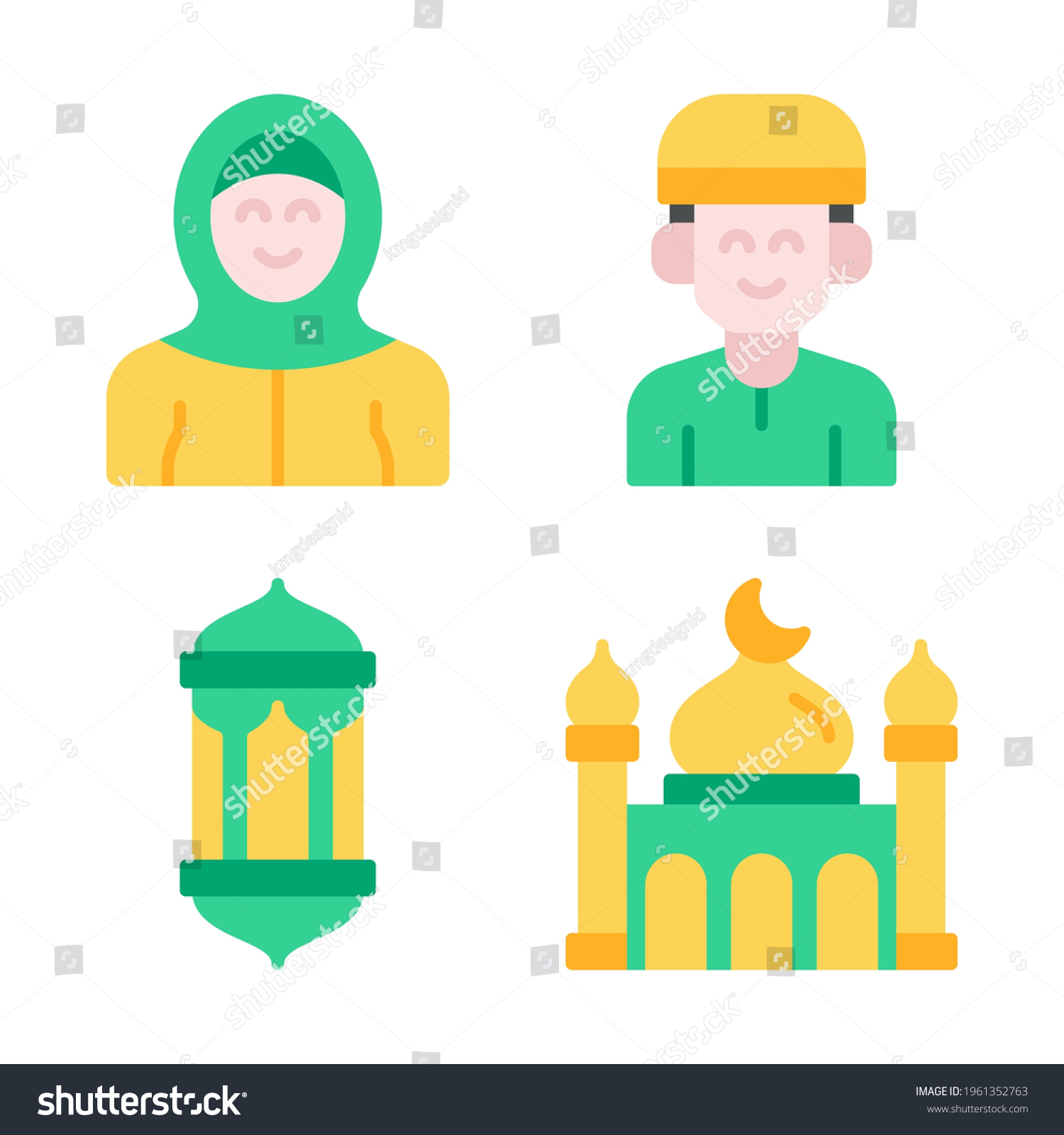 Islam Icons Set Woman Man Lantern Stock Vector (Royalty Free ...