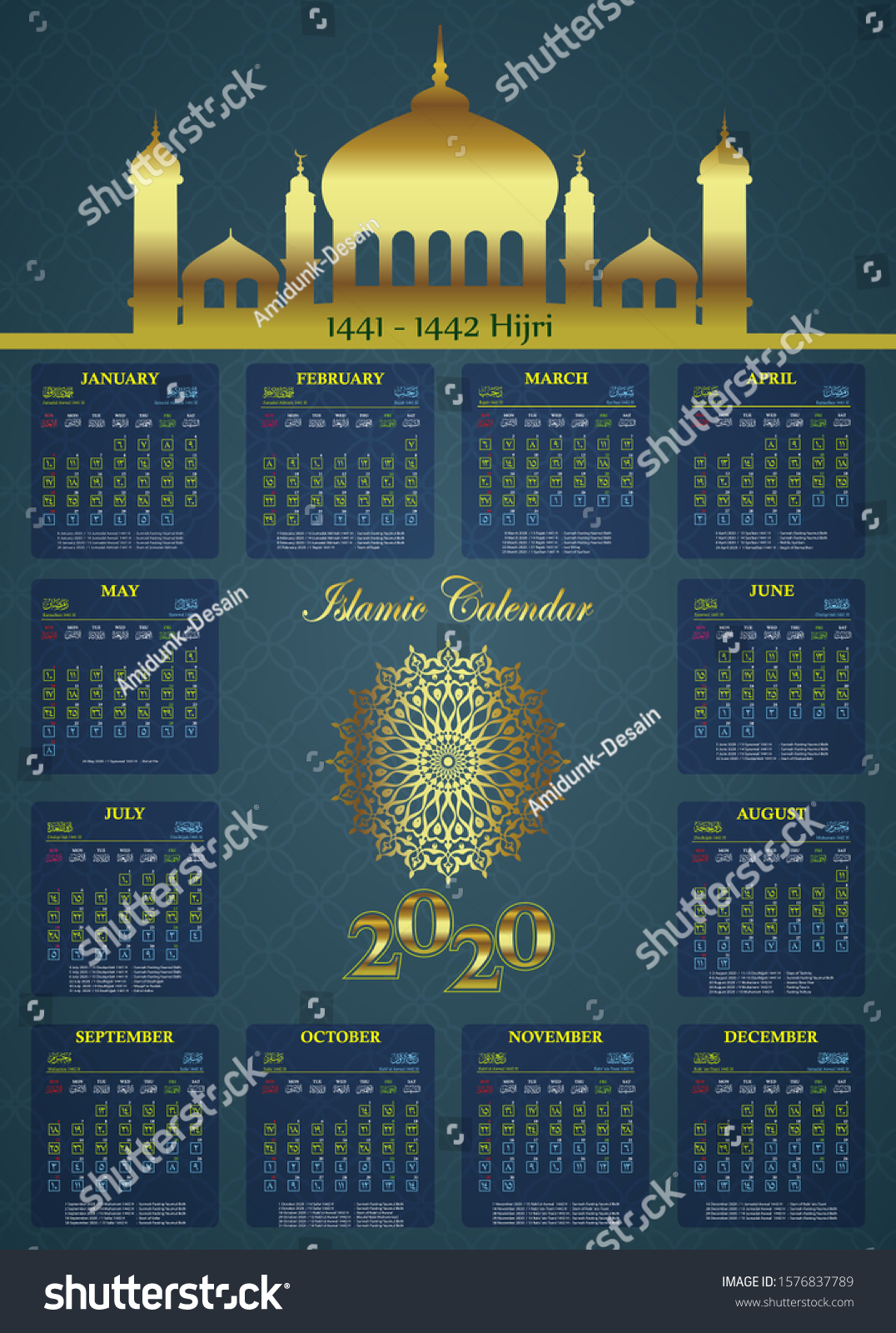 Islamic Calendar 2020 1441 1442 Hijri Stock Vector (Royalty Free ...