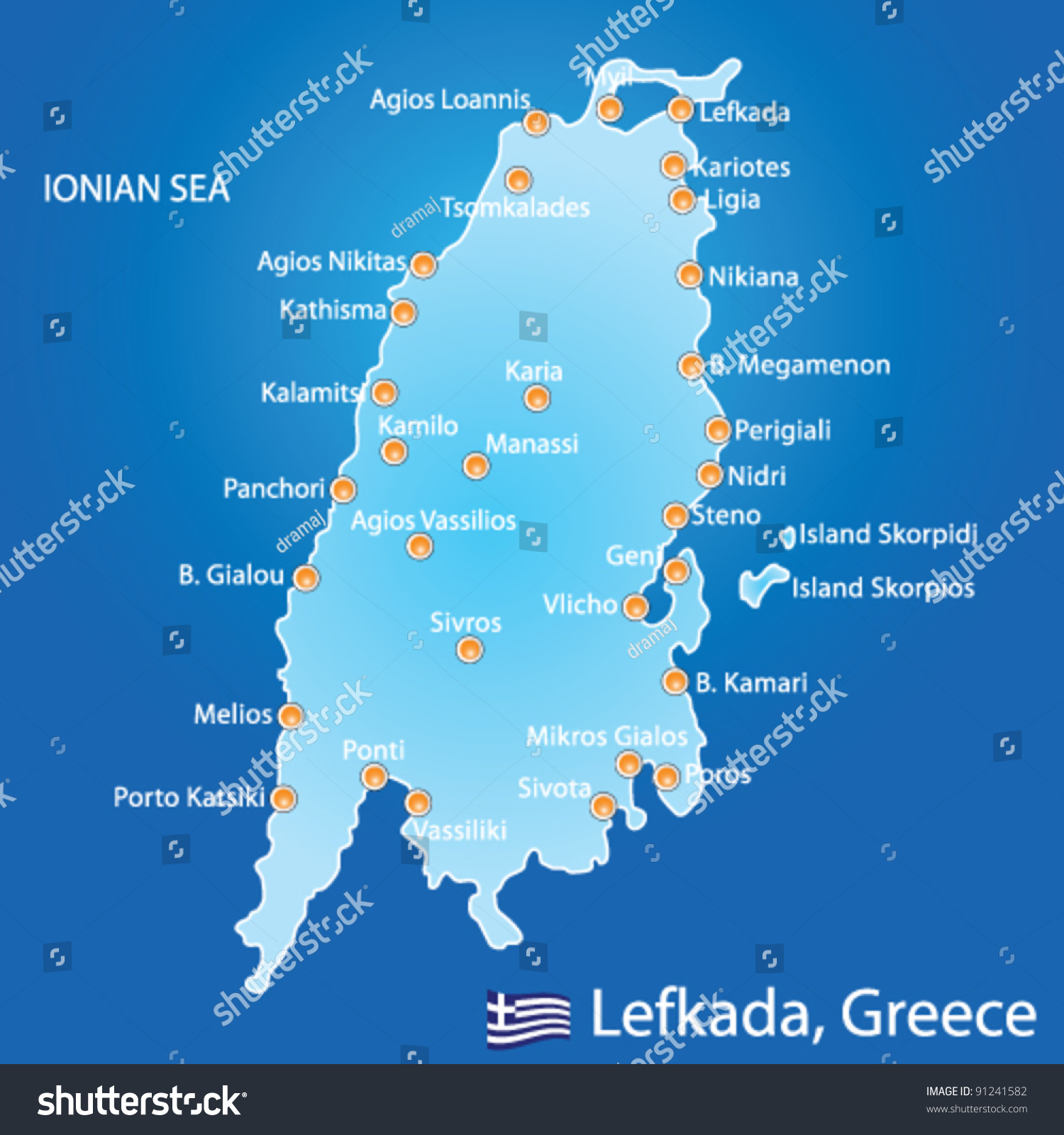 Island Lefkada Greece Map On Blue Stock Vector 91241582 - Shutterstock